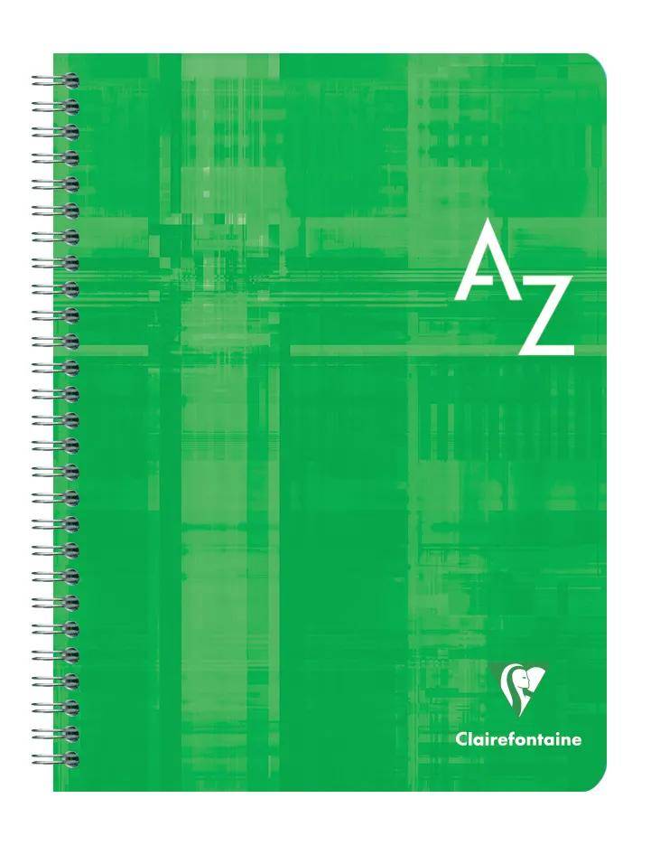Grünes spiralgebundenes Notizbuch mit "A-Z"" auf dem Umschlag und dem Clairefontaine-Logo unten rechts.