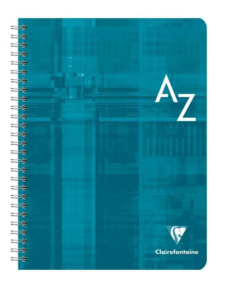 Türkisfarbener spiralgebundener Notizbucheinband mit großen weißen Buchstaben „A Z" und Clairefontaine-Logo in der rechten unteren Ecke.