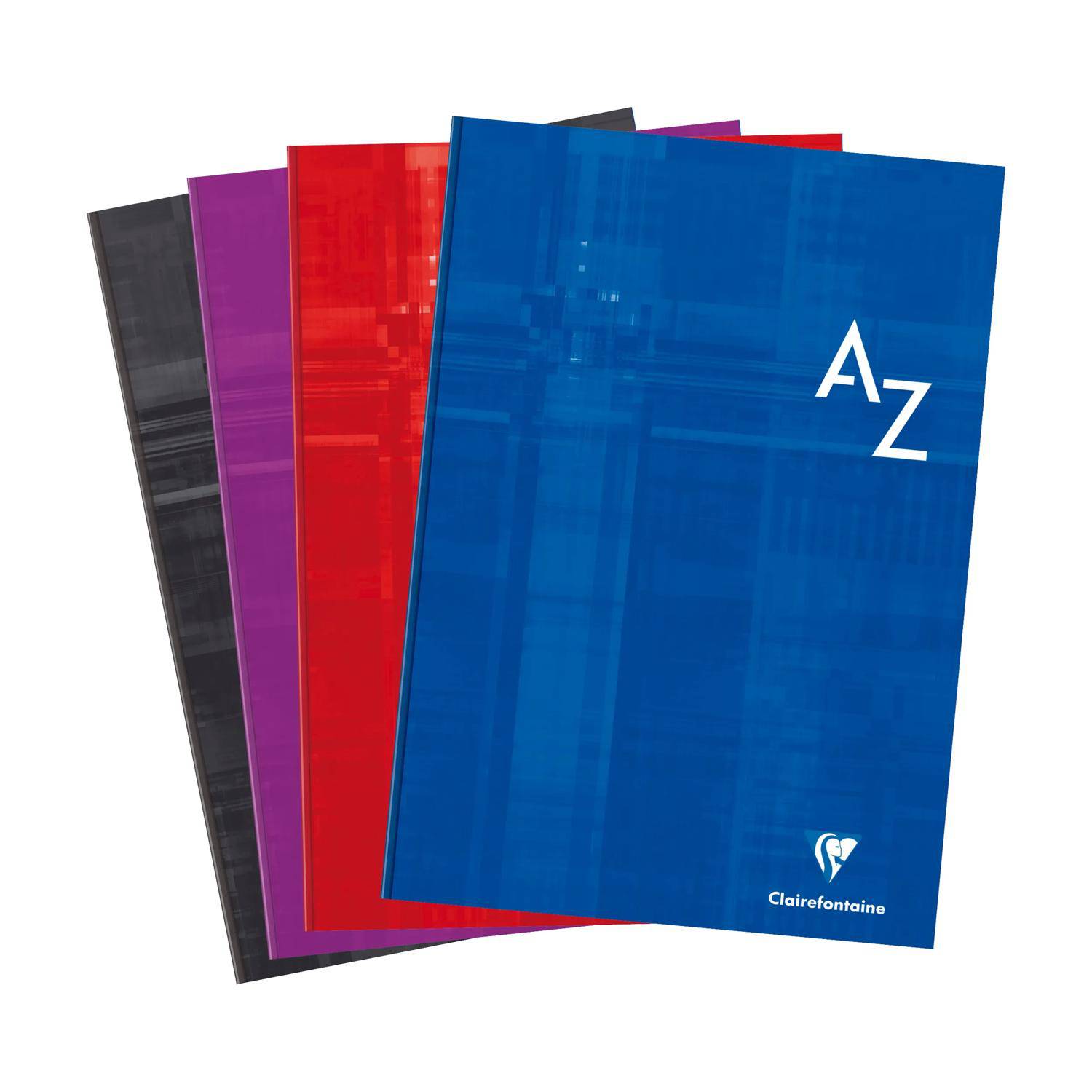 Stapel von bunten A-Z-Notizbüchern oder Ordnern mit blauem Einband, beschriftet mit „A-Z