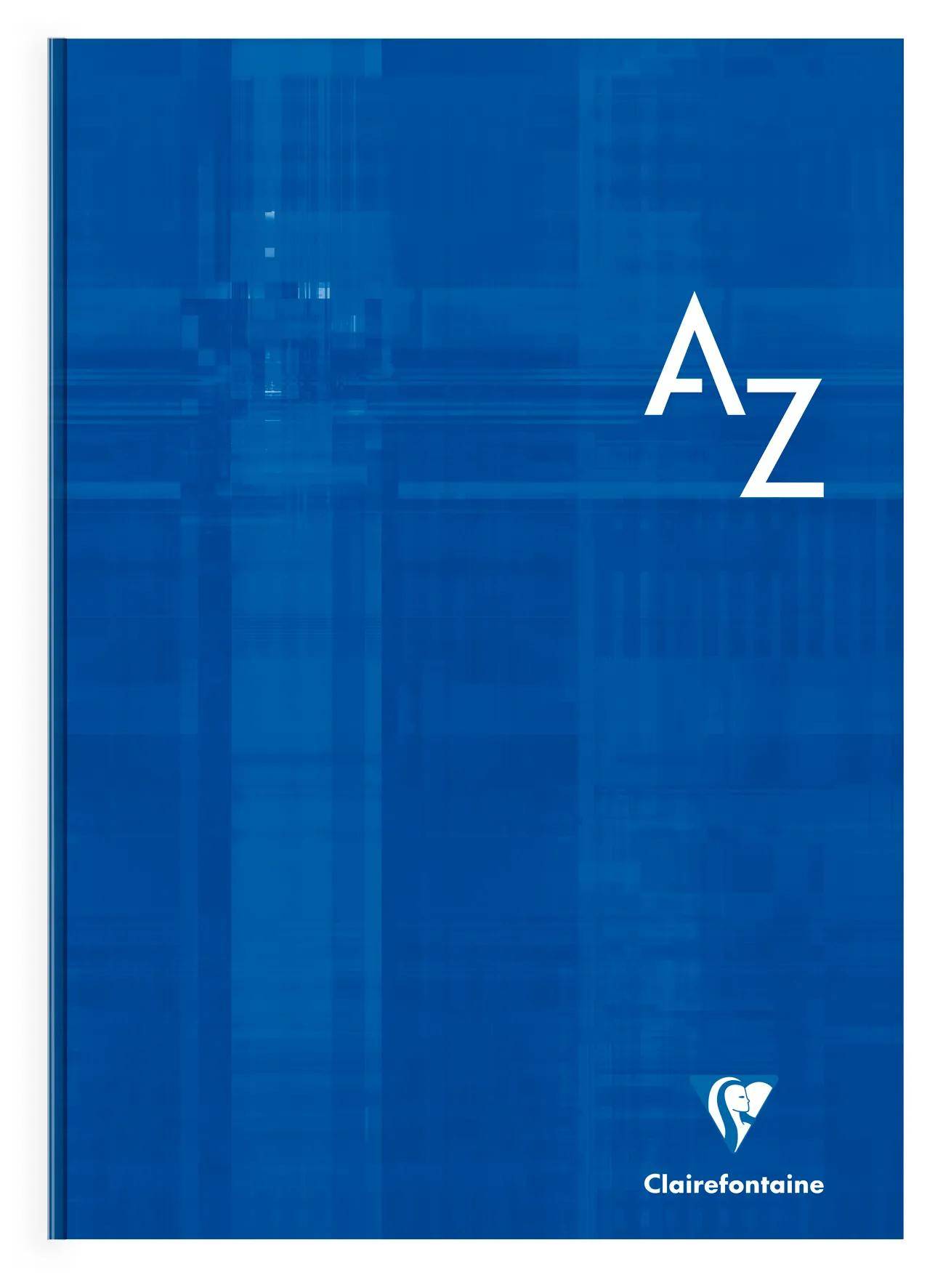 Blauer Clairefontaine Notizbucheinband mit großen weißen Buchstaben 'A Z' und dem Clairefontaine-Logo rechts unten.