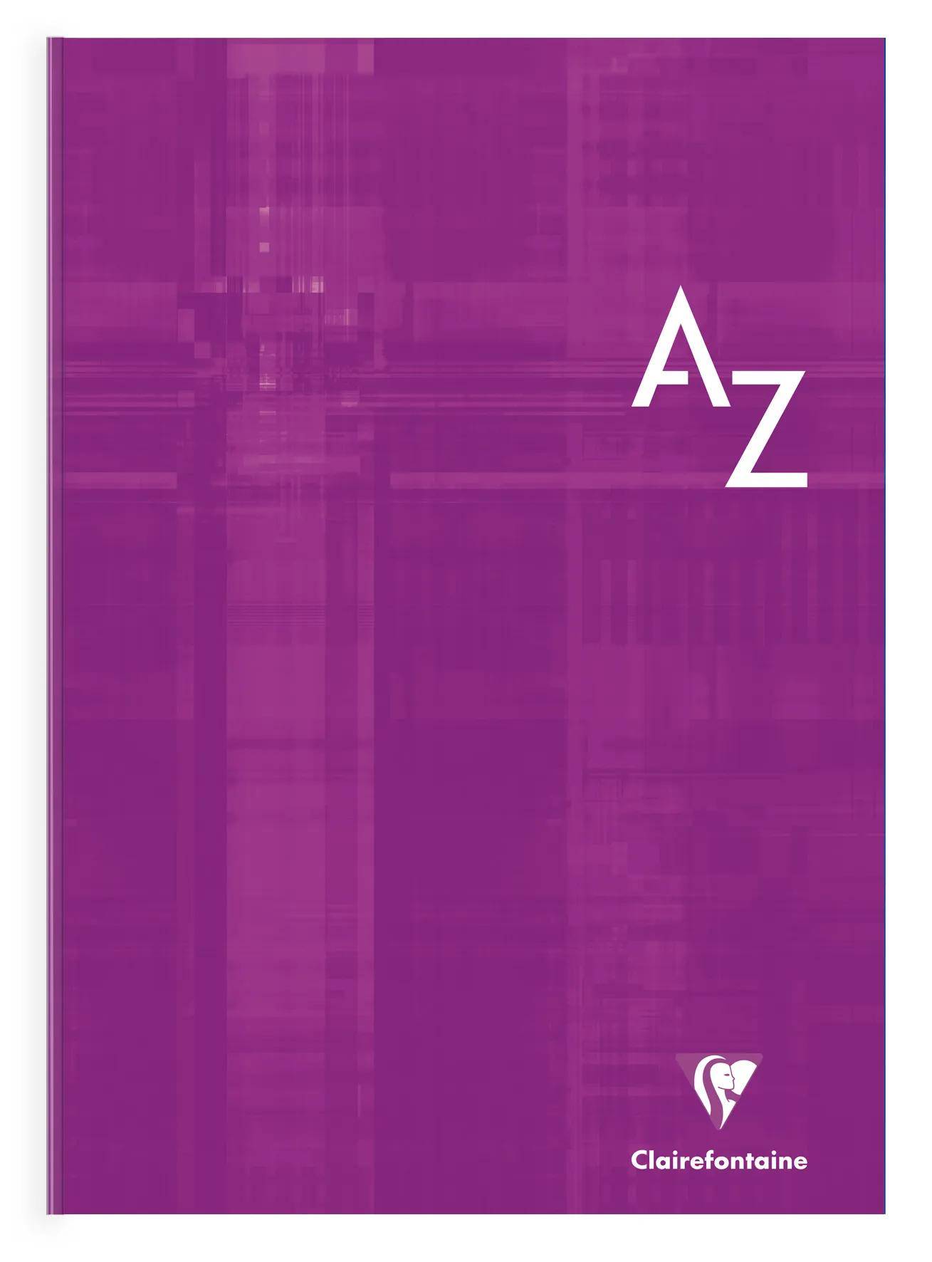 Violetter Notizbucheinband mit großen weißen A Z Buchstaben und dem Clairefontaine-Logo am unteren Rand