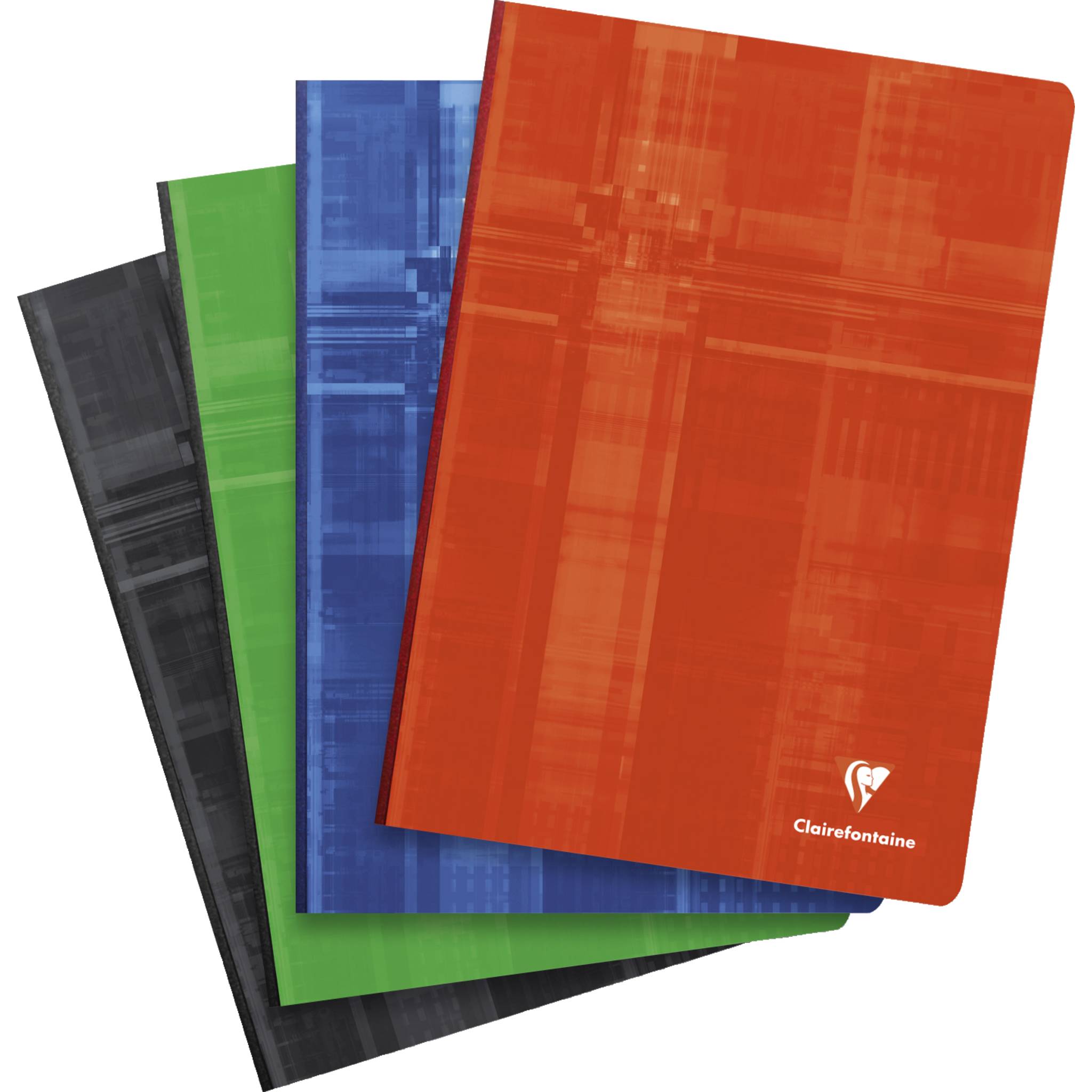 Stapel von vier Clairefontaine-Notizbüchern mit schwarzen, grünen, blauen und orangefarbenen Umschlägen auf schwarzem Hintergrund.