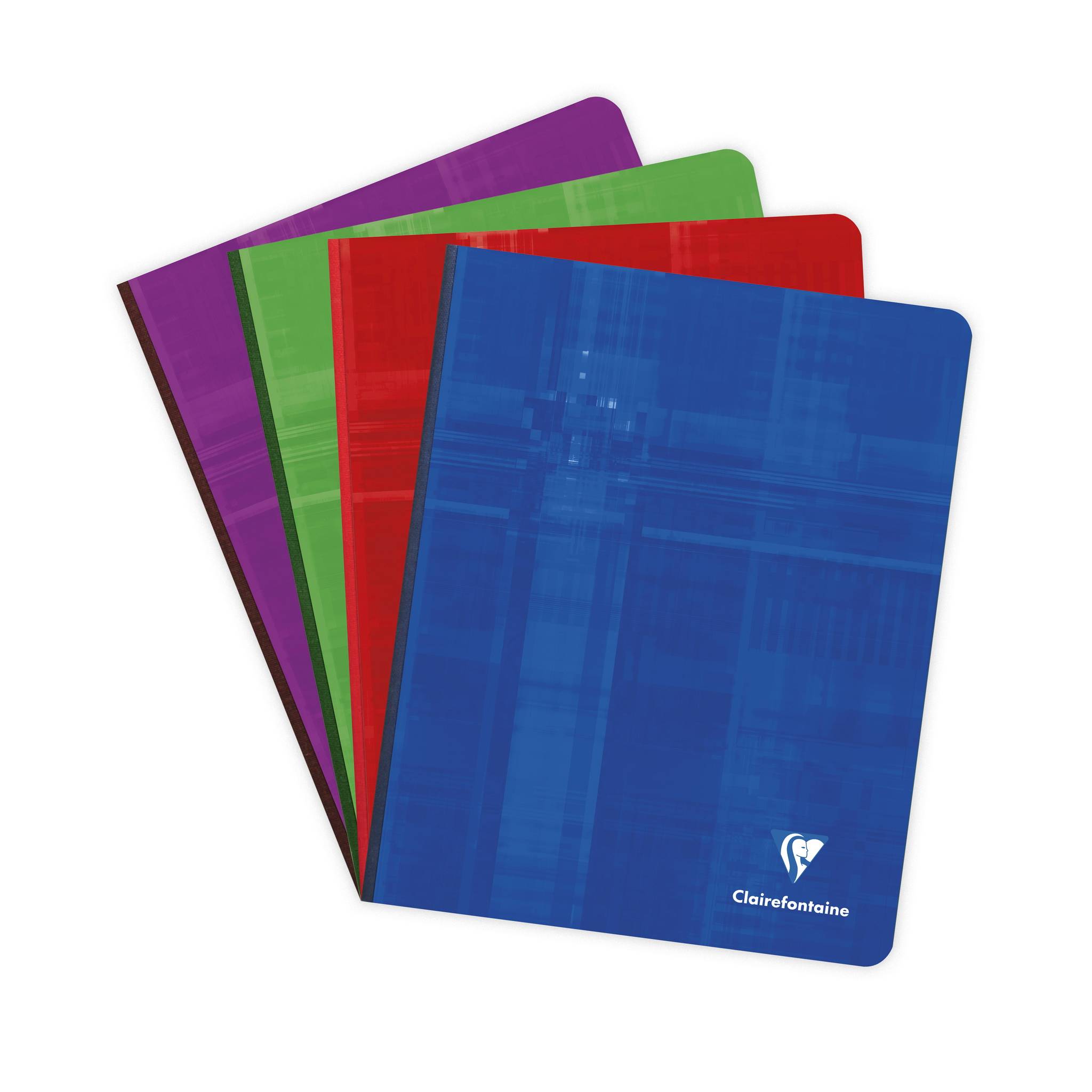 Vier sich überlappende farbenfrohe Notizbuchcover – violett, grün, rot und blau – mit dem Clairefontaine-Logo auf dem blauen Cover.