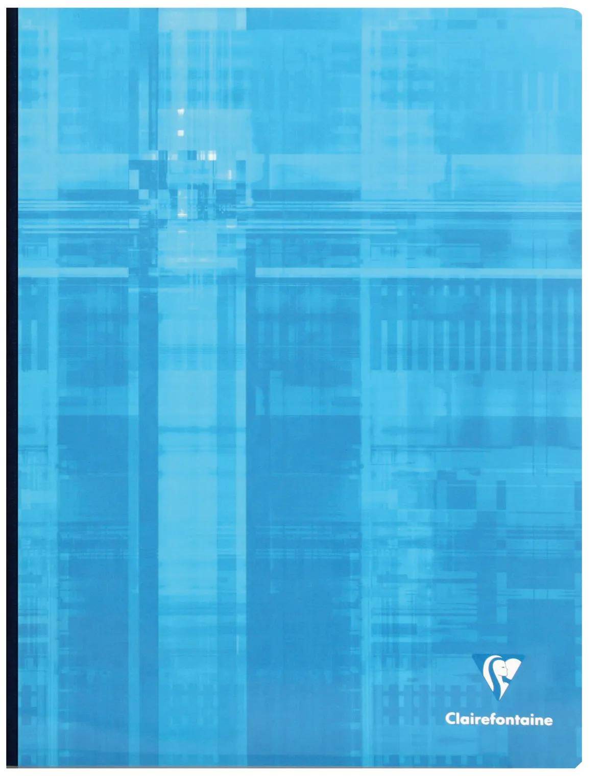 Blauer Clairefontaine-Notizbucheinband mit abstraktem geometrischem Muster und Logo unten rechts.