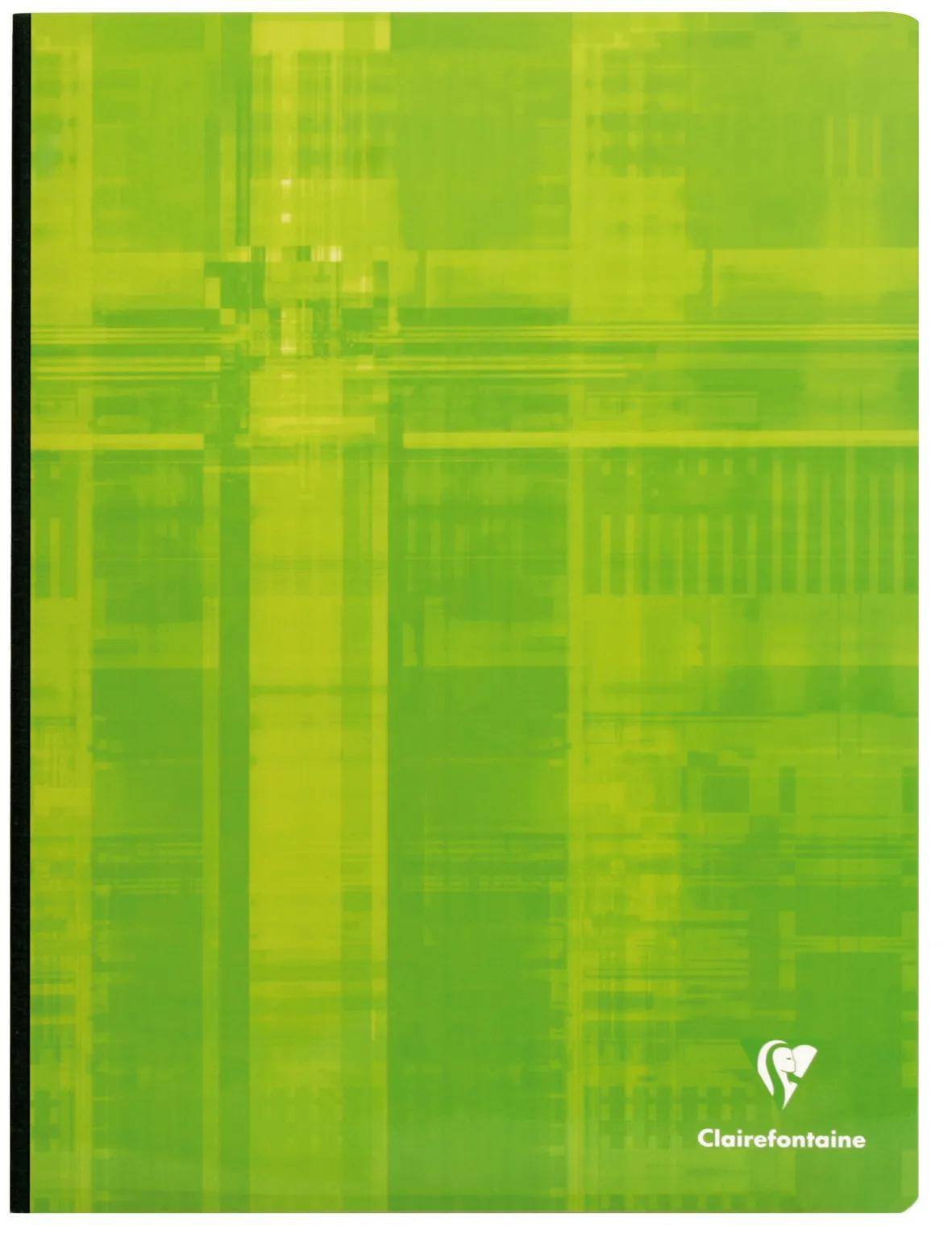 Grüner Notizbuchdeckel mit abstraktem Karomuster und Clairefontaine-Logo in der unteren rechten Ecke.