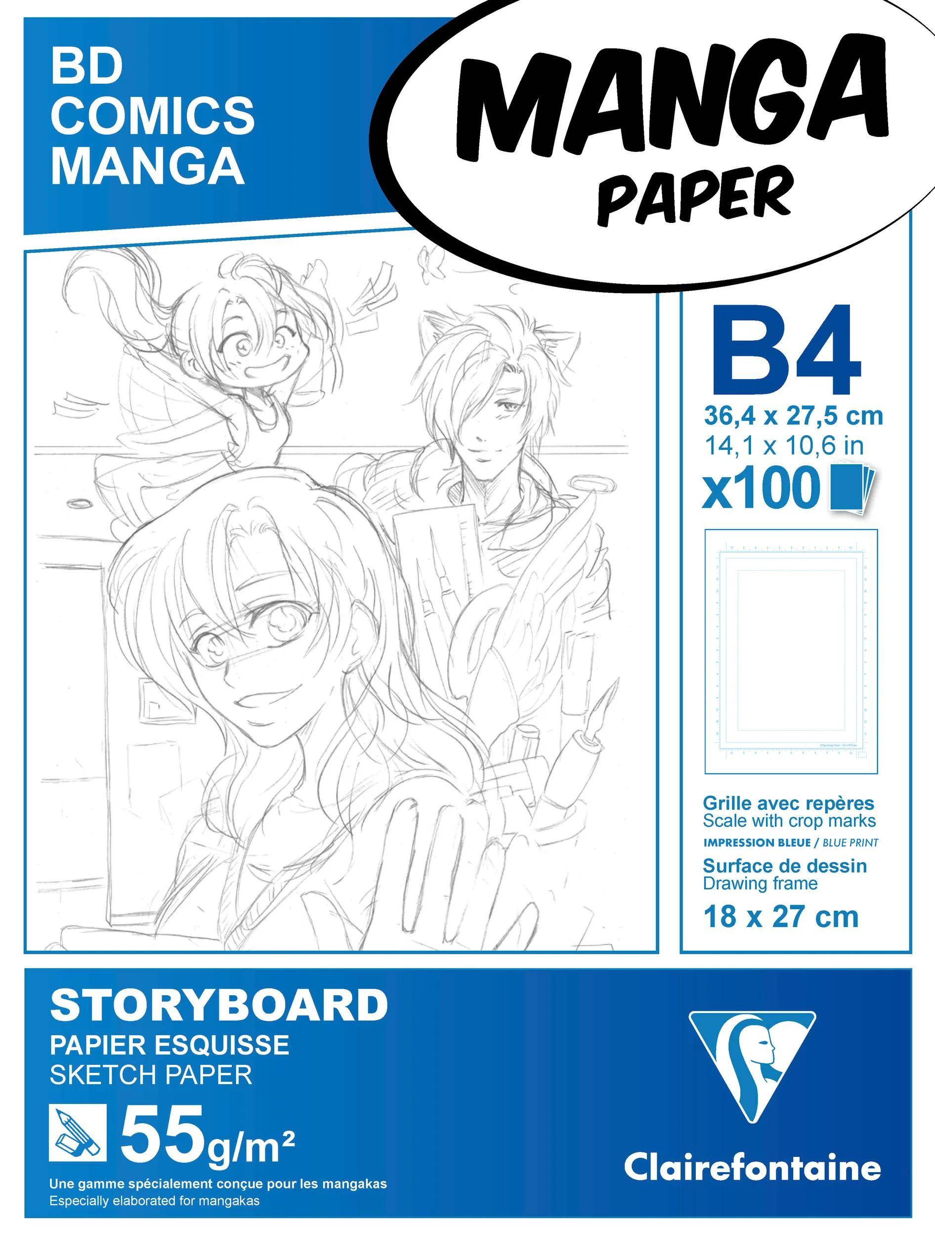 Verpackung für Clairefontaine Mangapapier, Größe B4, 100 Blatt, mit Storyboard-Skizzenpapier 55 g/m² und Beispiel-Manga-Zeichnungen.