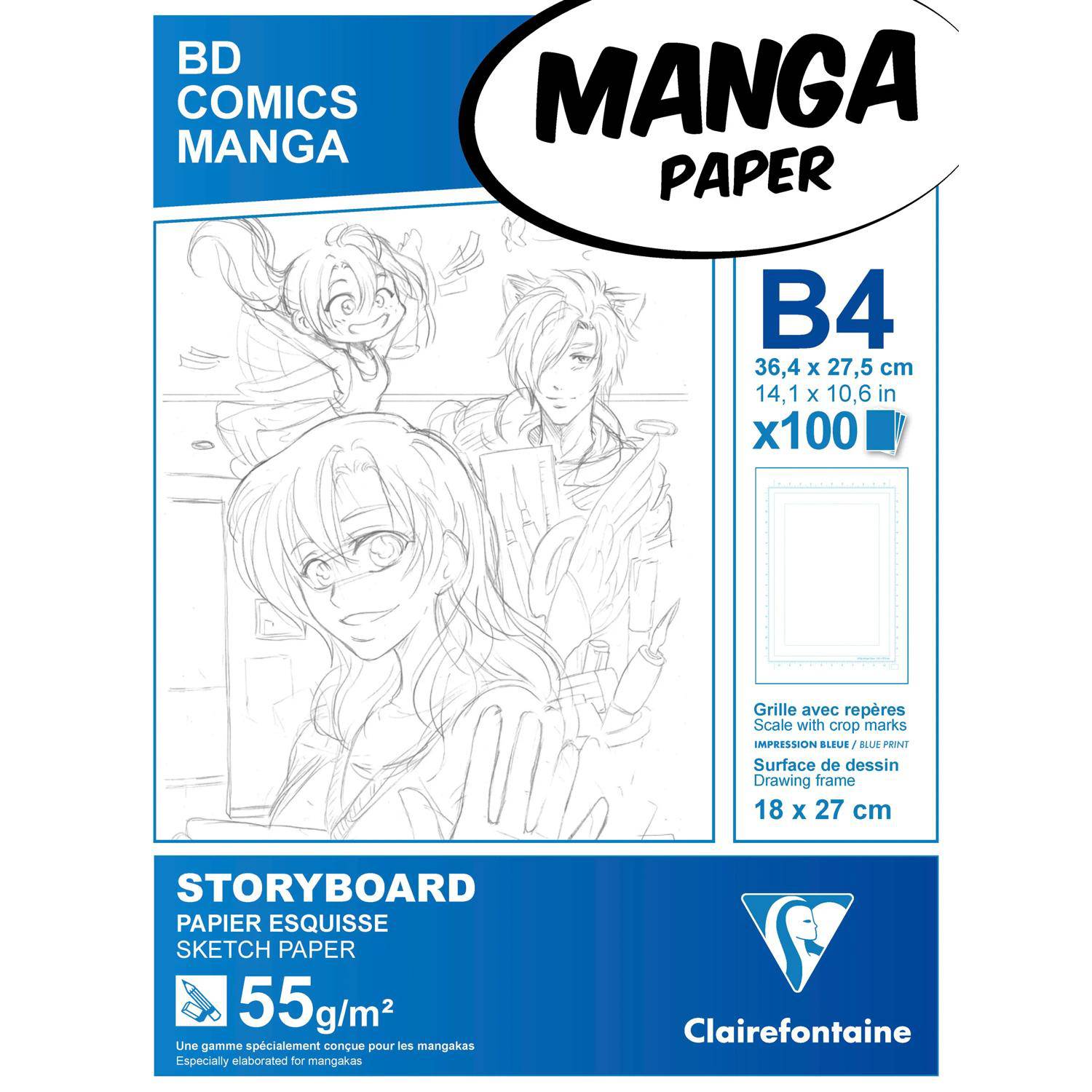Paket B4-Mangapapier, 100 Blatt, mit leichter Skizzenzeichnung und beschriftetem Storyboard-Skizzenpapier, 55 g/m², von Clairefontaine.