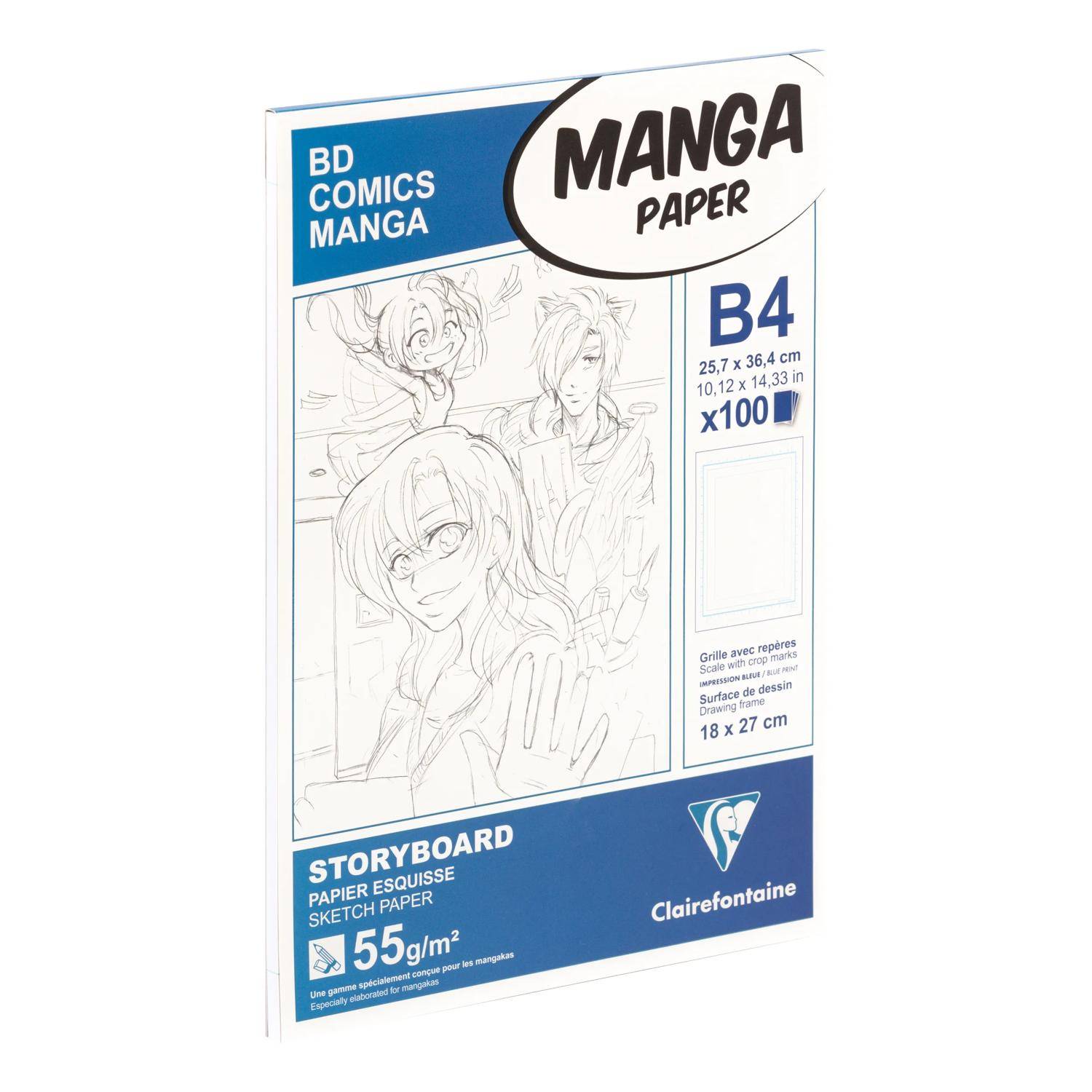 Schachtel Clairefontaine Manga-Papier Storyboard-Skizzenpapier, Format B4, 100 Blatt, 55 g/m², mit Anime-Stil-Skizzenillustration auf der Vorderseite.