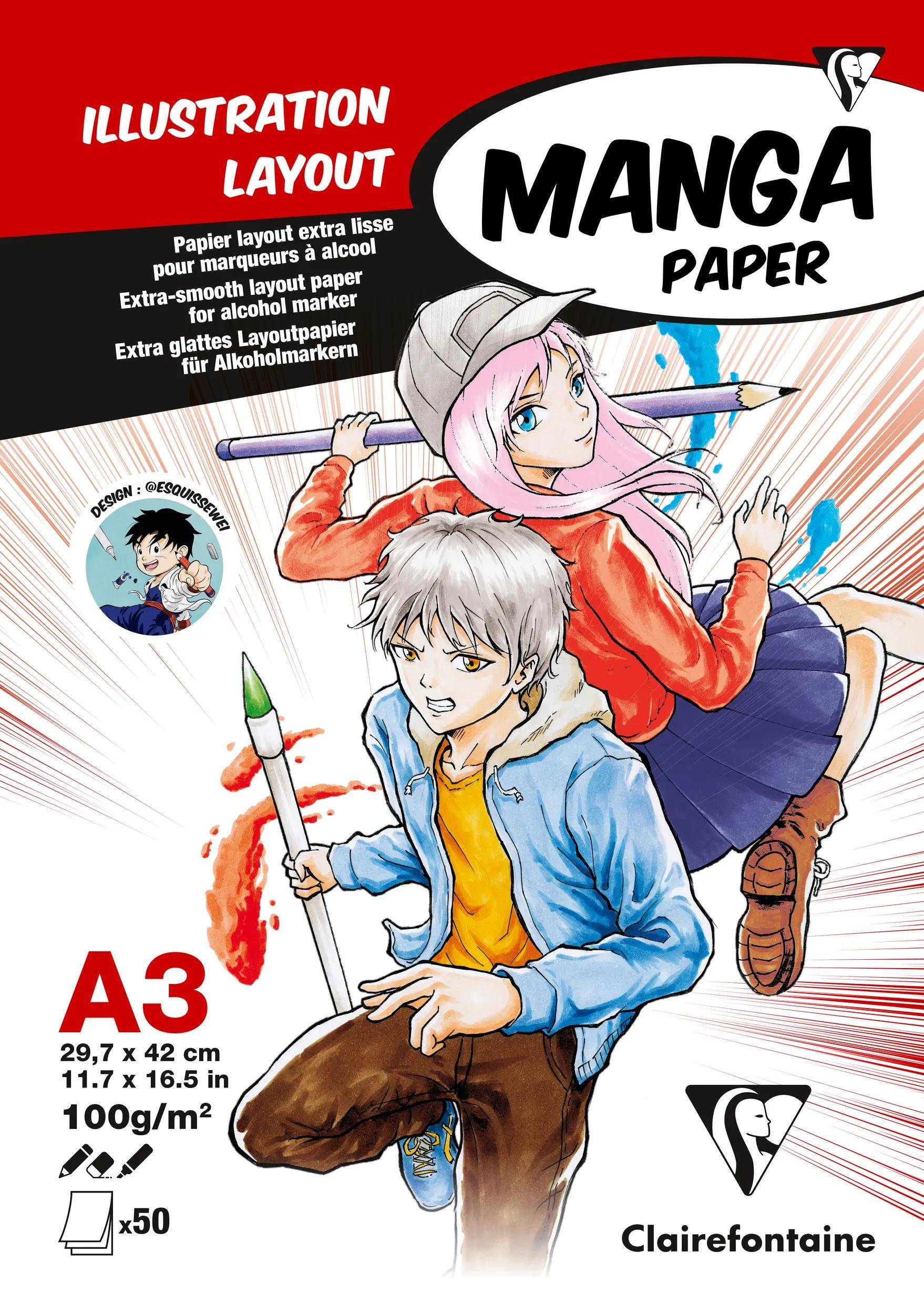Umschlag eines Clairefontaine Manga-Papierblocks, auf dem zwei Anime-Charaktere zeichnen zu sehen sind und der Text „Illustration Layout