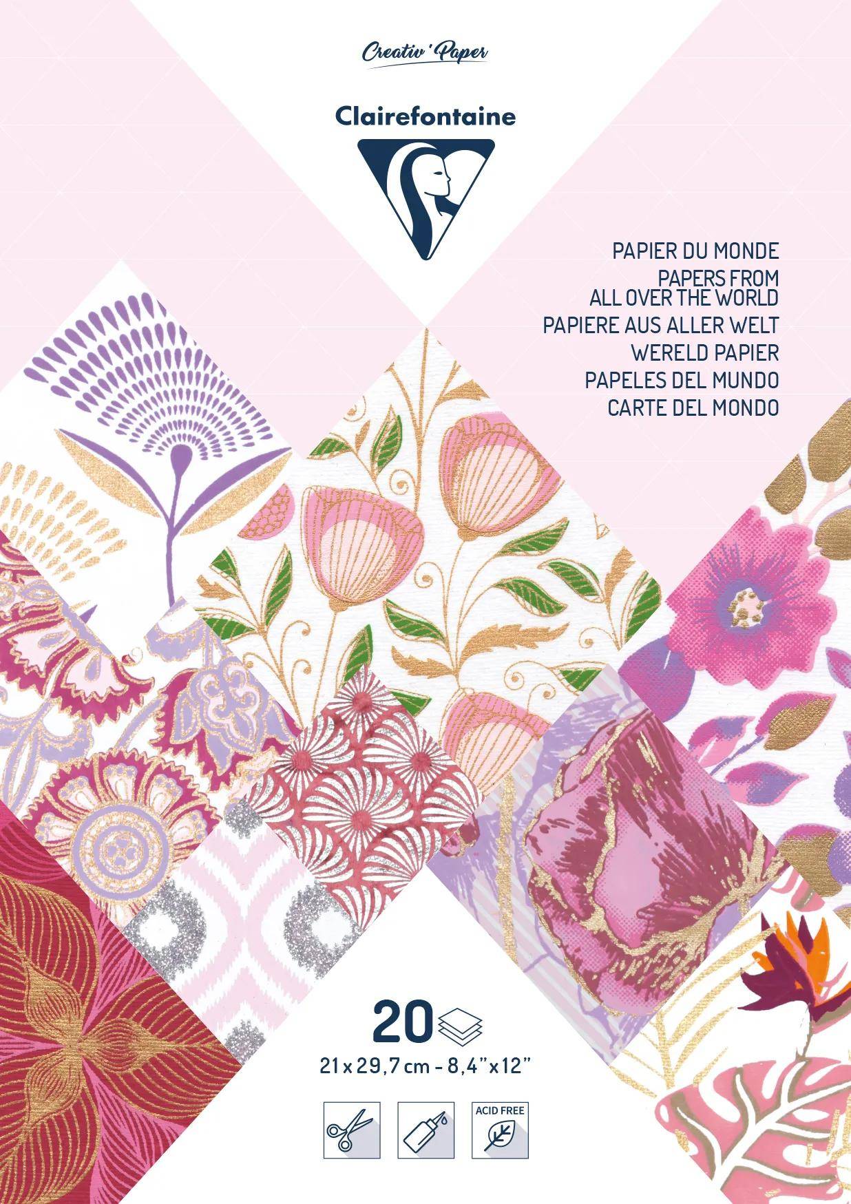 Packung mit 20 Clairefontaine Creative Paper Blättern mit assortiertenbunte floralen und geometrischen Mustern, 21 x 29,7 cm (8,4 x 12 Zoll)