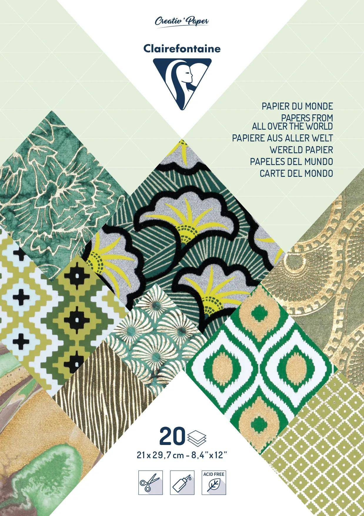 Clairefontaine 3x Papiere aus aller Welt, Block geleimt A4, 20 Blatt Grün 95094C