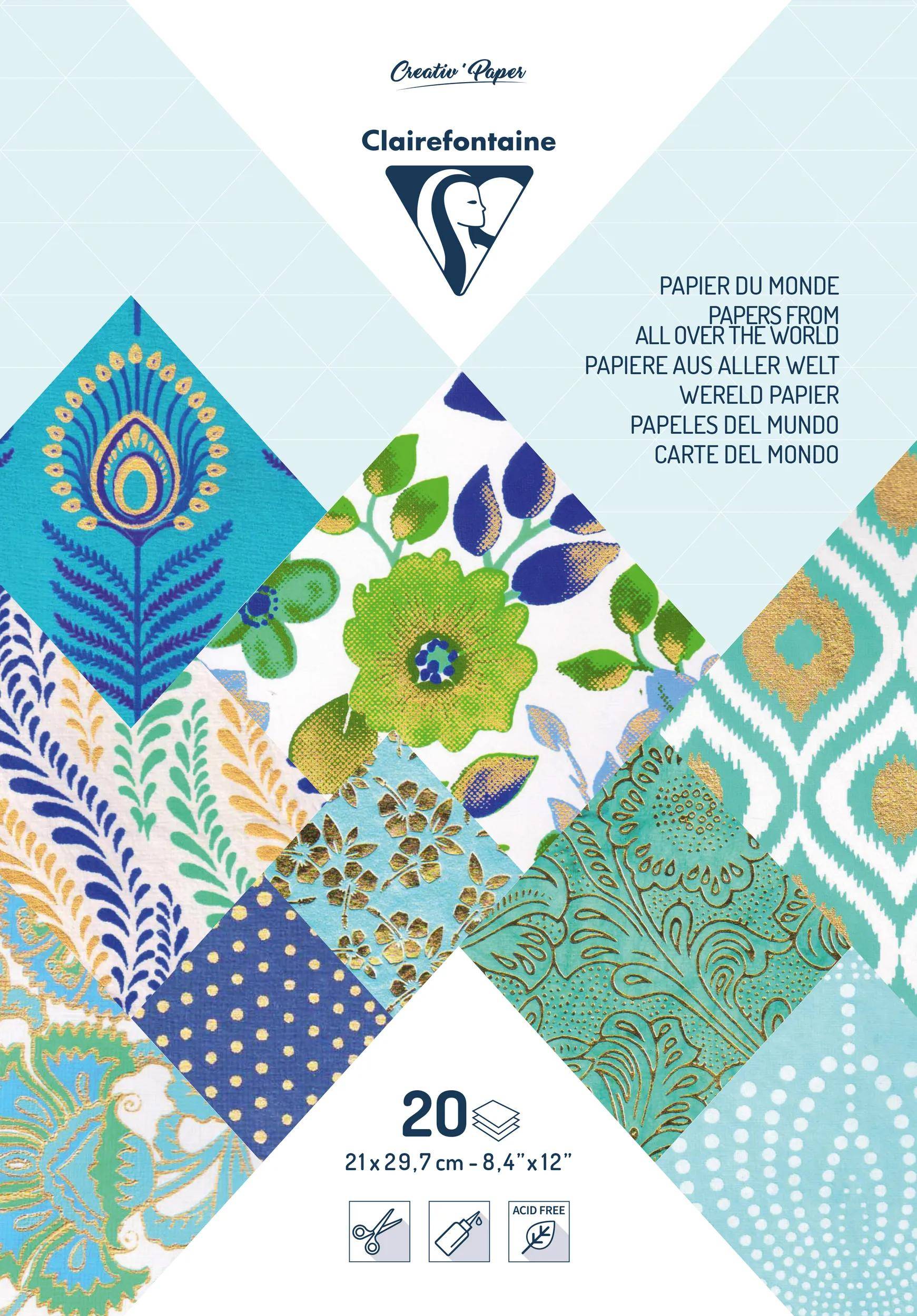 Clairefontaine Creative Paper Musterpackung mit Umschlag, der farbenfrohe gemusterte Papiermuster zeigt, 