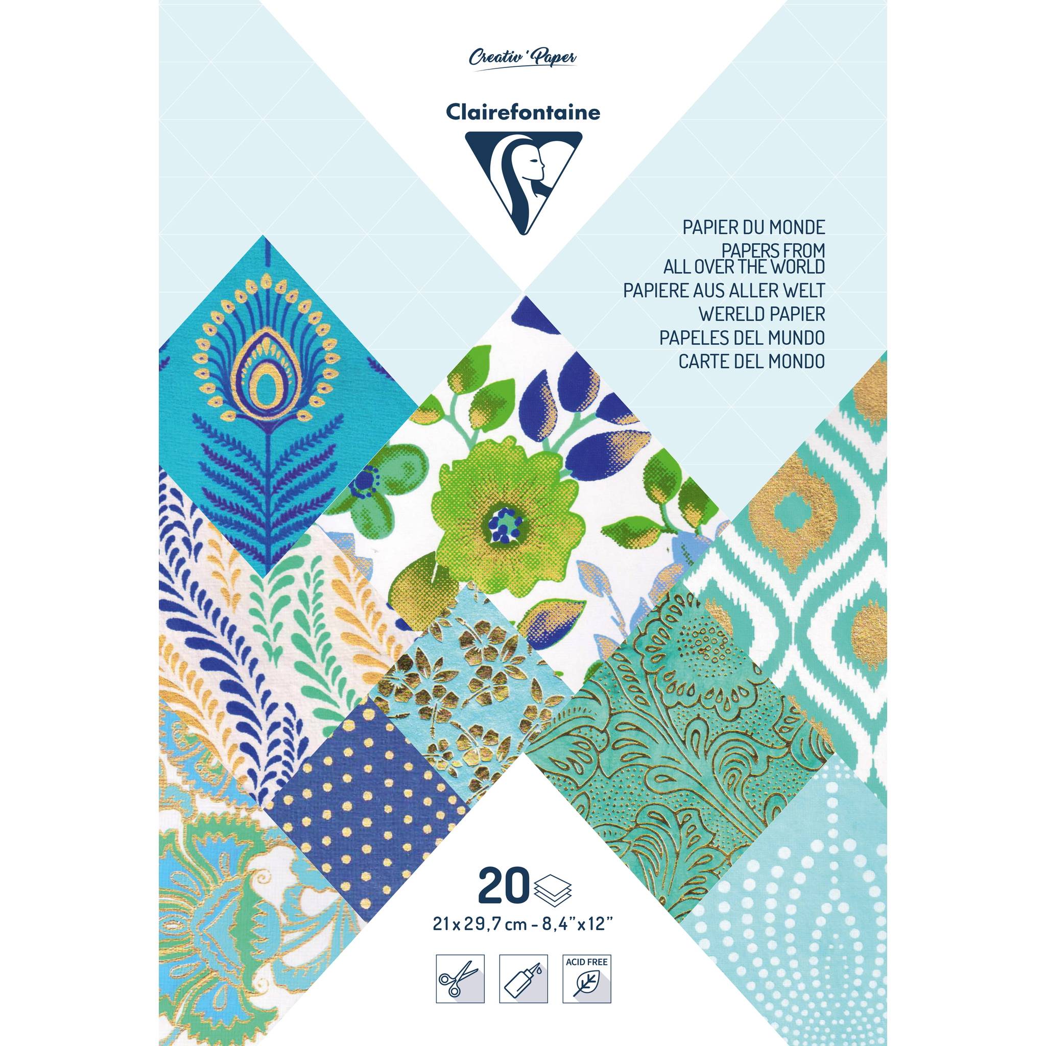 Clairefontaine Kunstpapierblocks mit farbenfrohen gemusterten Papiermusterblättern, mehrsprachiger Text 'PAPIER DU MONDE' und A4-Format mit 20 Blatt.