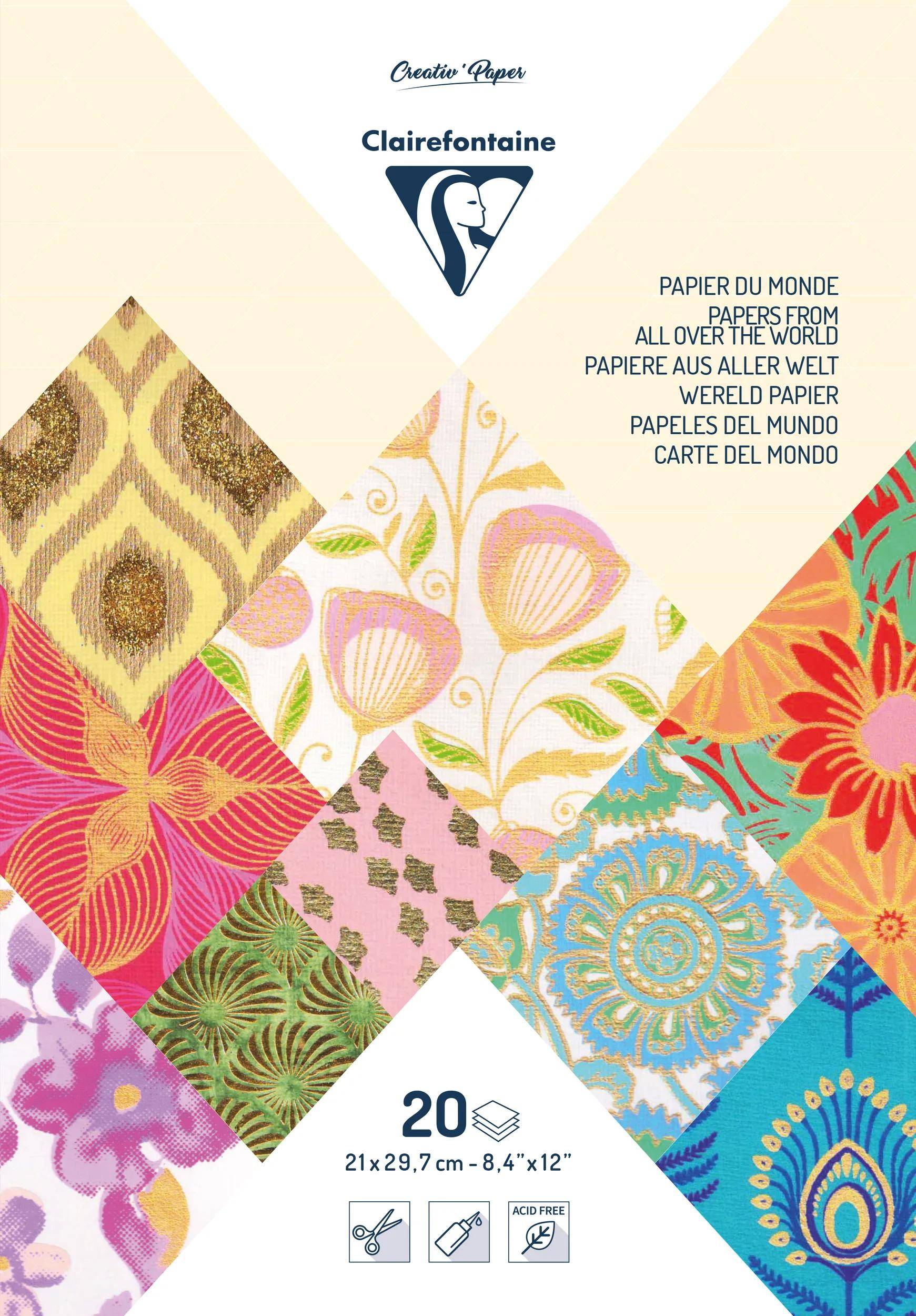Clairefontaine 3x Papiere aller Welt, Block geleimt A4, 20 Bl Sortierung 95097C