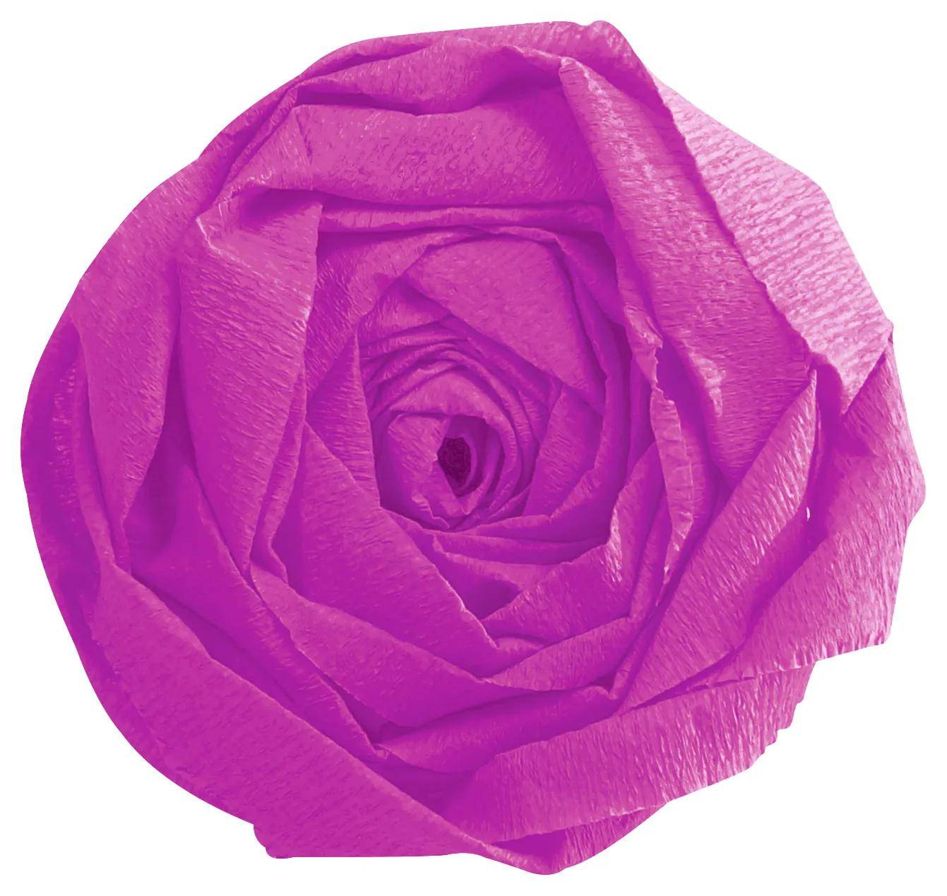 Nahaufnahme einer einzelnen violetten Papierblume mit geschichteten Blütenblättern auf weißem Hintergrund.