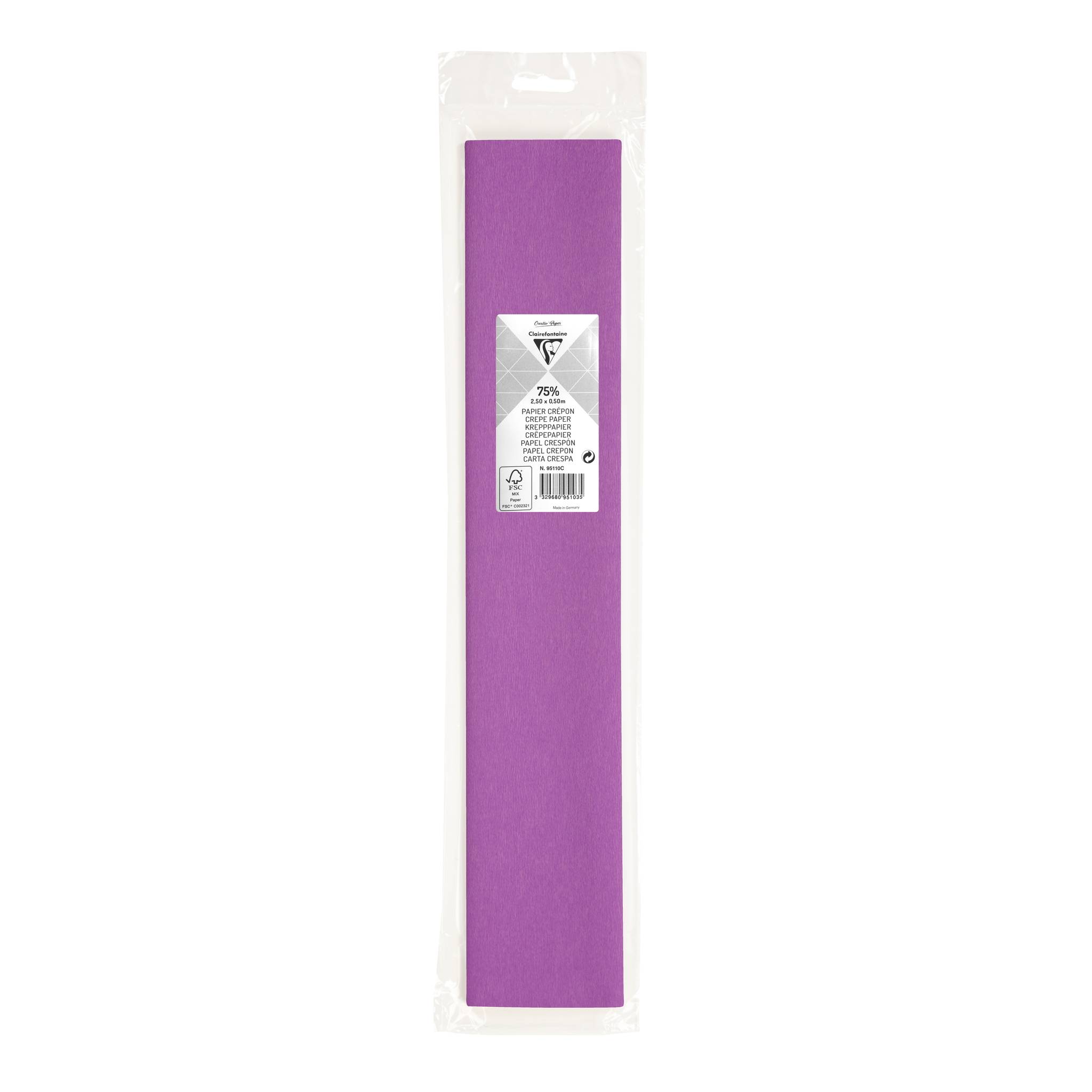 Lange violette rechteckige Kerze oder Dekorationsgegenstände in durchsichtiger Kunststoffverpackung mit kleinem Produktetikett oben.