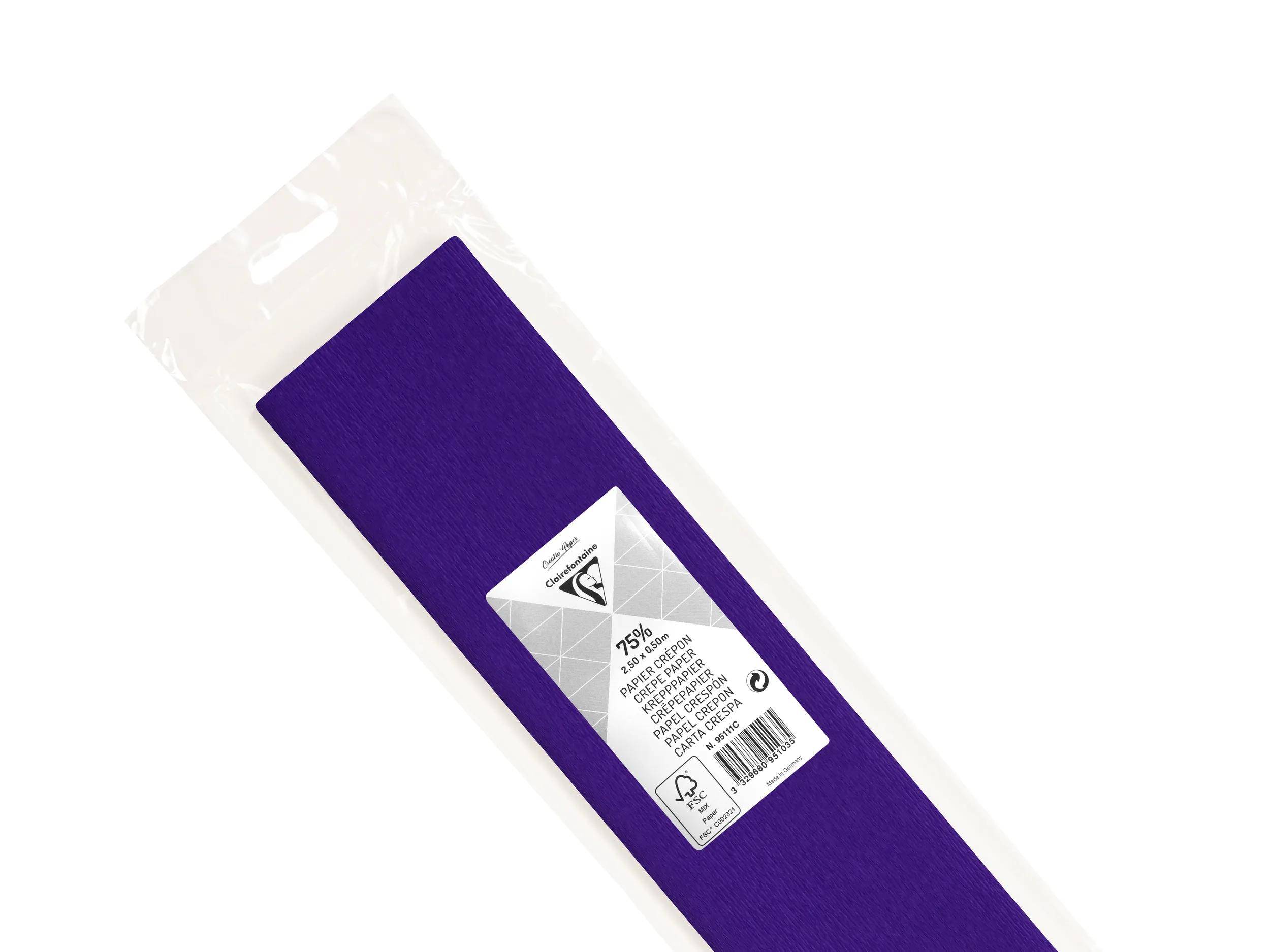 Ein verpackter lila rechteckiger Schreibwaren-Artikel in einer durchsichtigen Kunststoffhülle mit einem kleinen weißen Etikett und Barcode.
