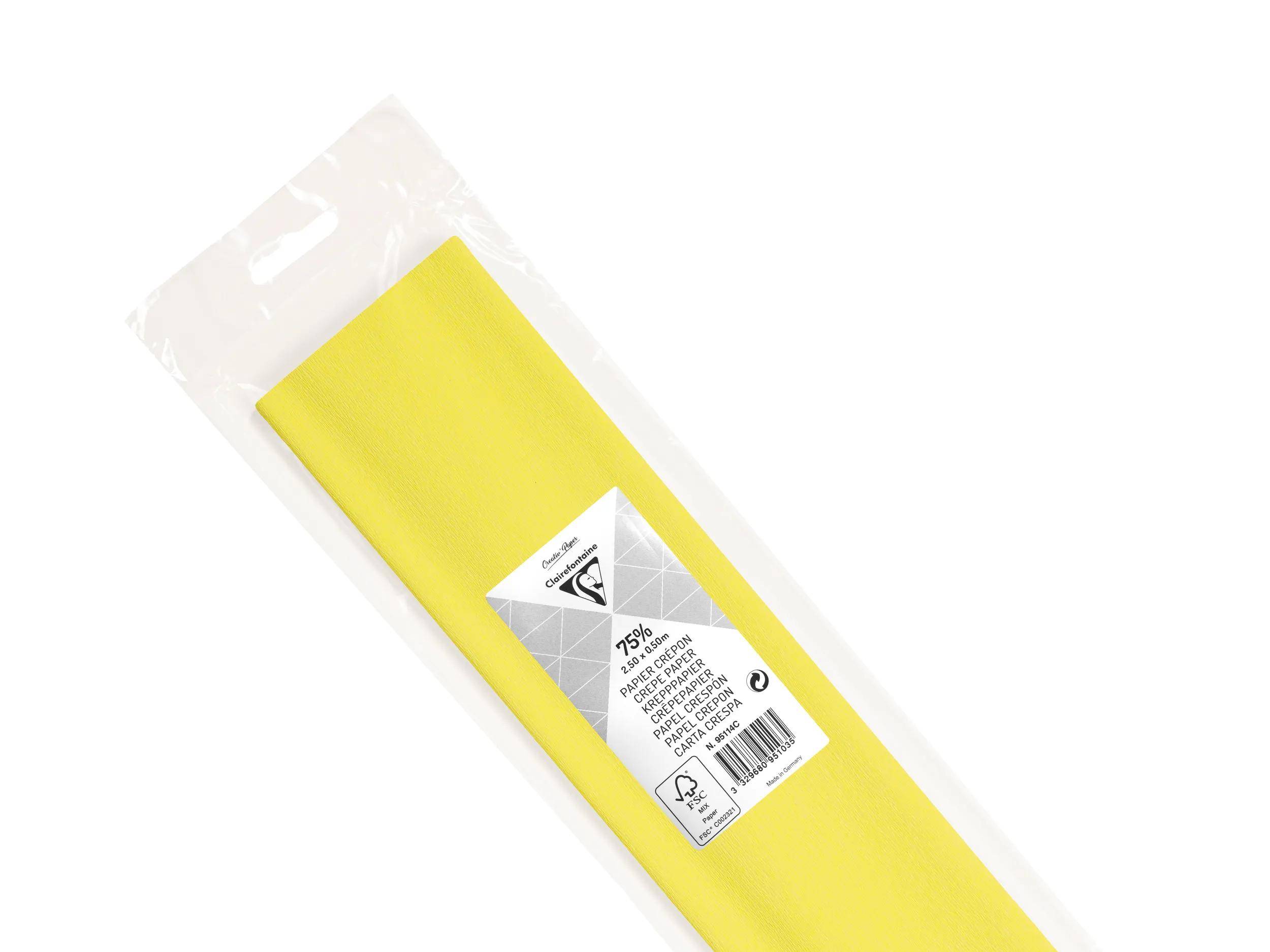 Gelbe Rolle Papier oder Vinyl-Verpackung in durchsichtigem Kunststoffbeutel mit Produktetikett und Barcode auf der Vorderseite.