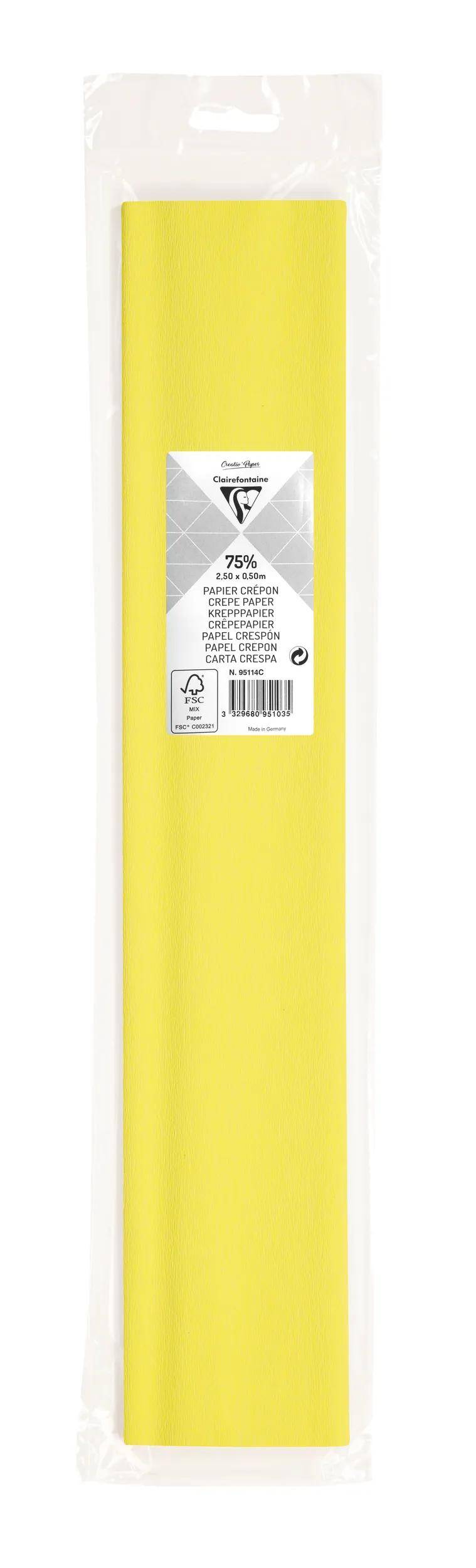 Verpackte gelbe rechteckige Papierrolle oder -blatt in durchsichtiger Kunststoffverpackung mit einem weiß-grauen Etikett, das "75%"" und einen Barcode zeigt.