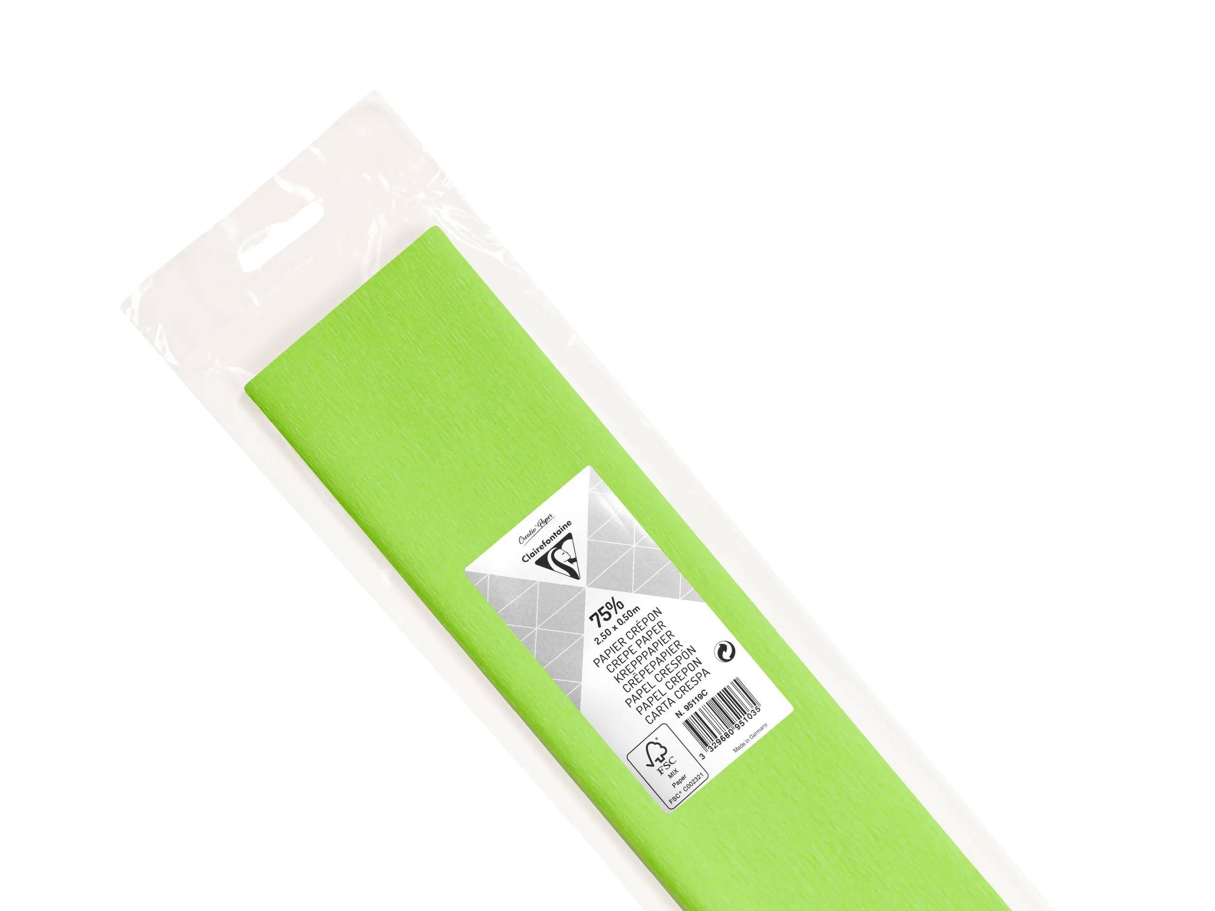 Leuchtend grünes rechteckiges Bastelpapier in durchsichtiger Kunststoffverpackung mit weißem Produktetikett und Barcode