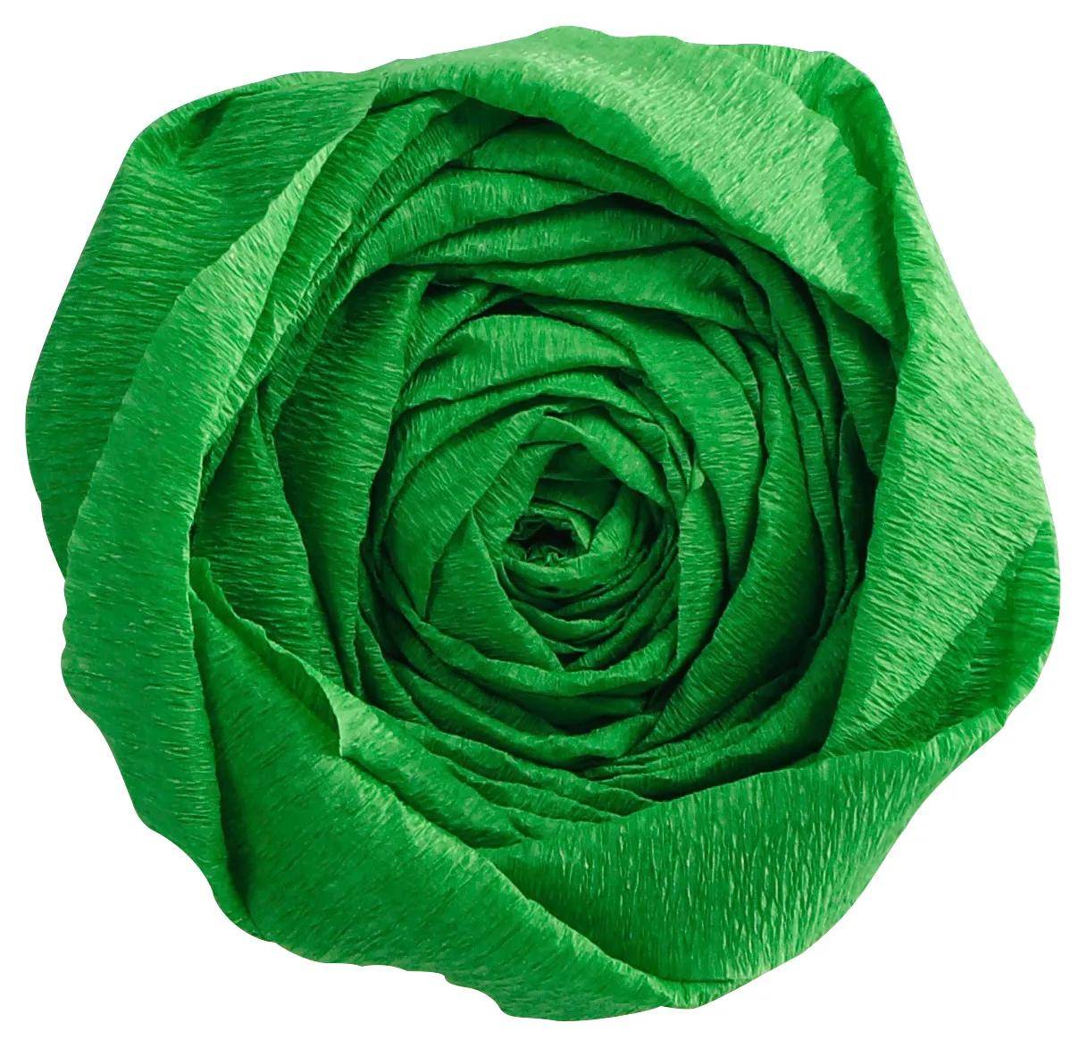 Eine Nahaufnahme einer leuchtend grünen Papierrose, von oben auf weißem Hintergrund fotografiert.
