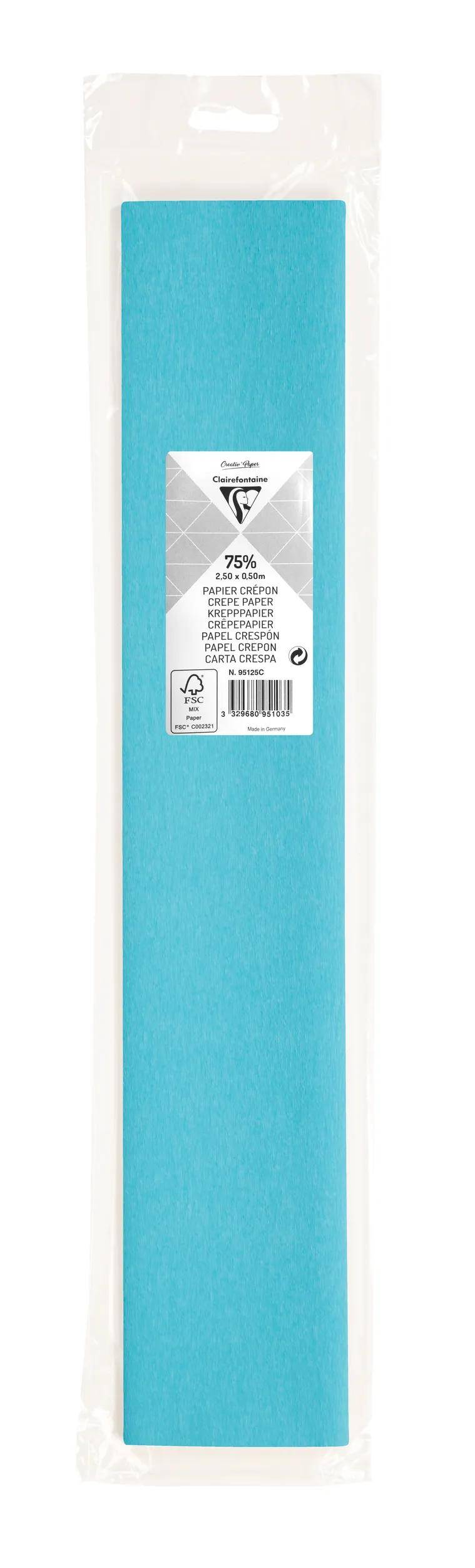 Türkisfarbenes rechteckiges Stoff- oder Papierpaket in transparenter Kunststofffolie mit einem kleinen weißen Etikett mit Produktdetails und Barcode.