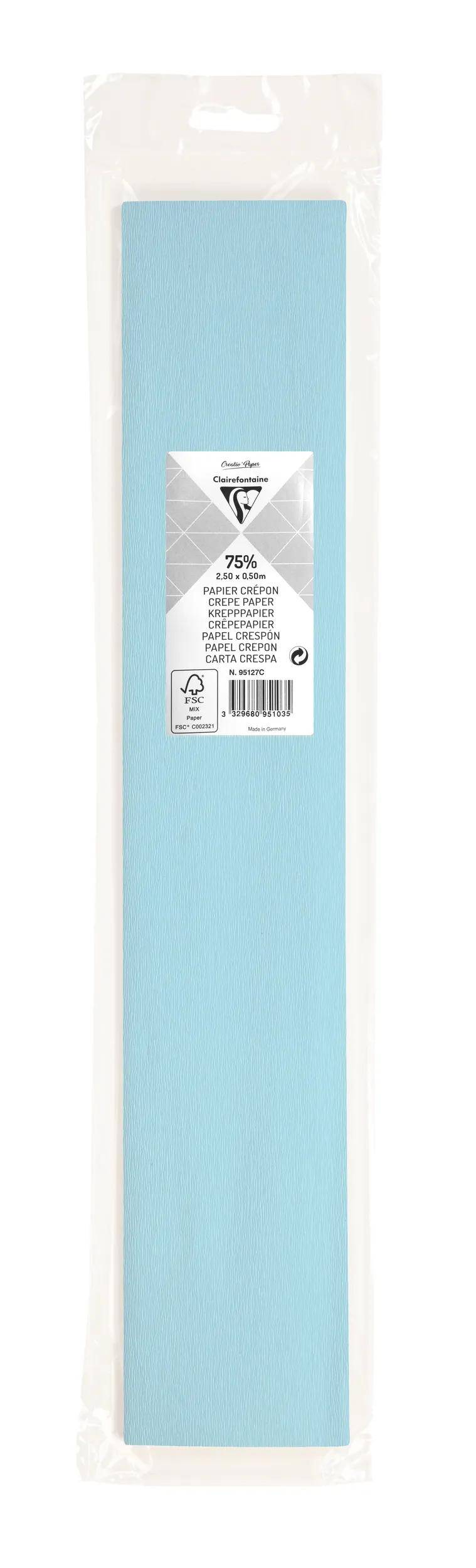 Paket eines langen hellblauen rechteckigen Papier- oder Stoffartikels in durchsichtiger Kunststofffolie mit einem weißen Produktetikett auf der Vorderseite.