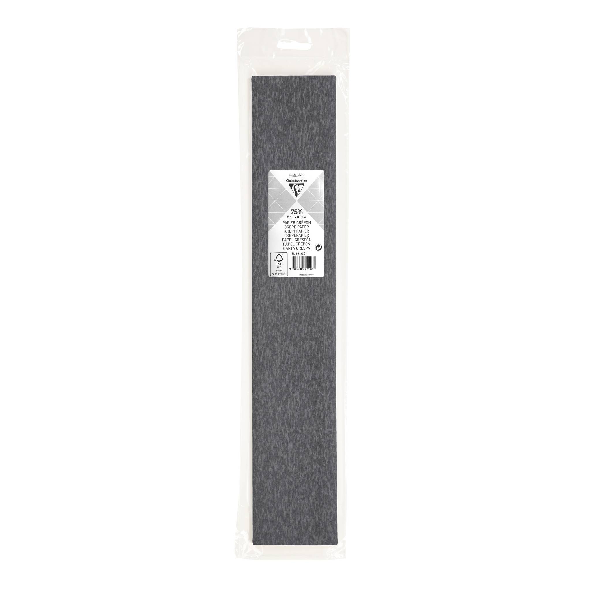 Ein langes rechteckiges schwarzes Schleifpapier in einer transparenten Verpackung mit einem kleinen Produktetikett.