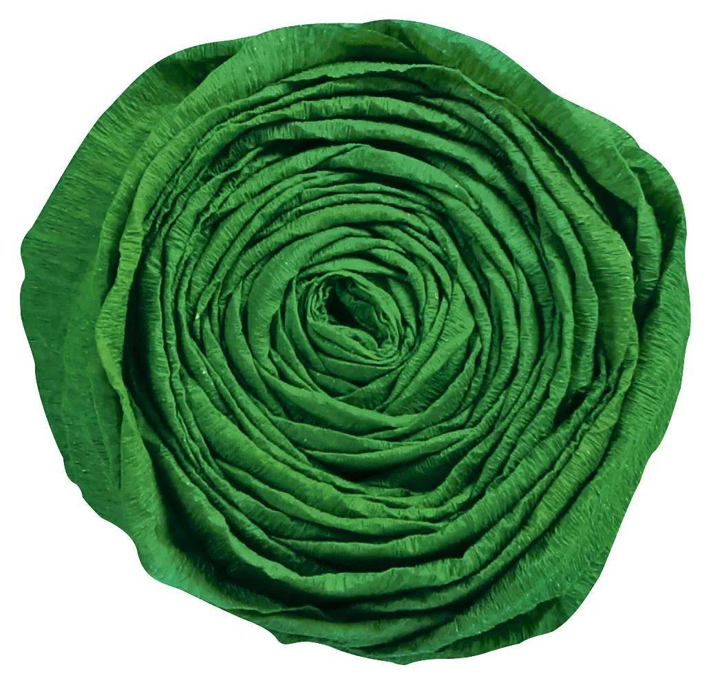 Eine lebendige grüne Krepppapierrose mit geschichteten Blütenblättern, die einer blühenden Blume aus der Draufsicht ähnelt.