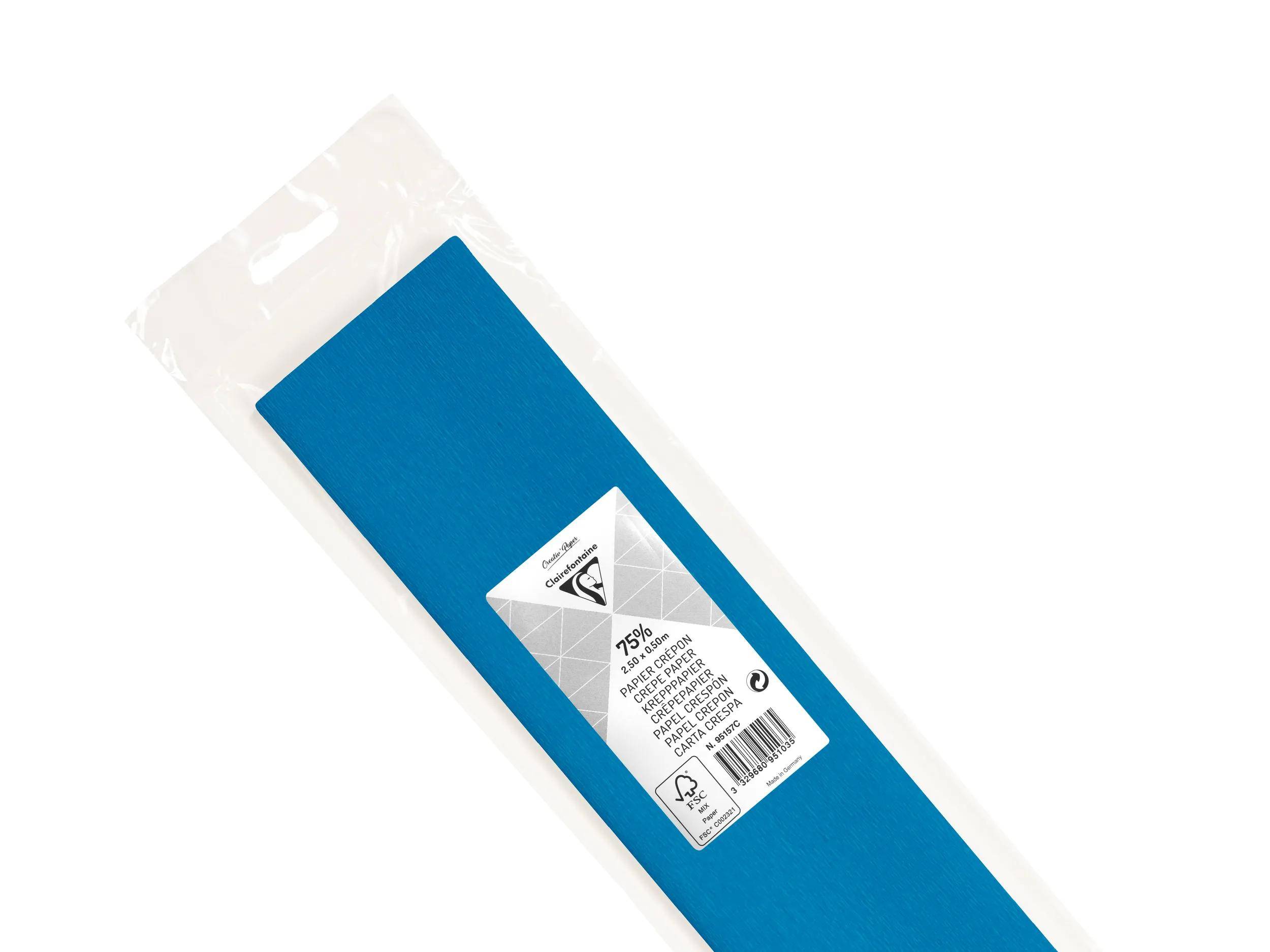 Blau verpacktes rechteckiges Produkt mit weißem Etikett und Barcode in einer durchsichtigen Kunststoffverpackung.