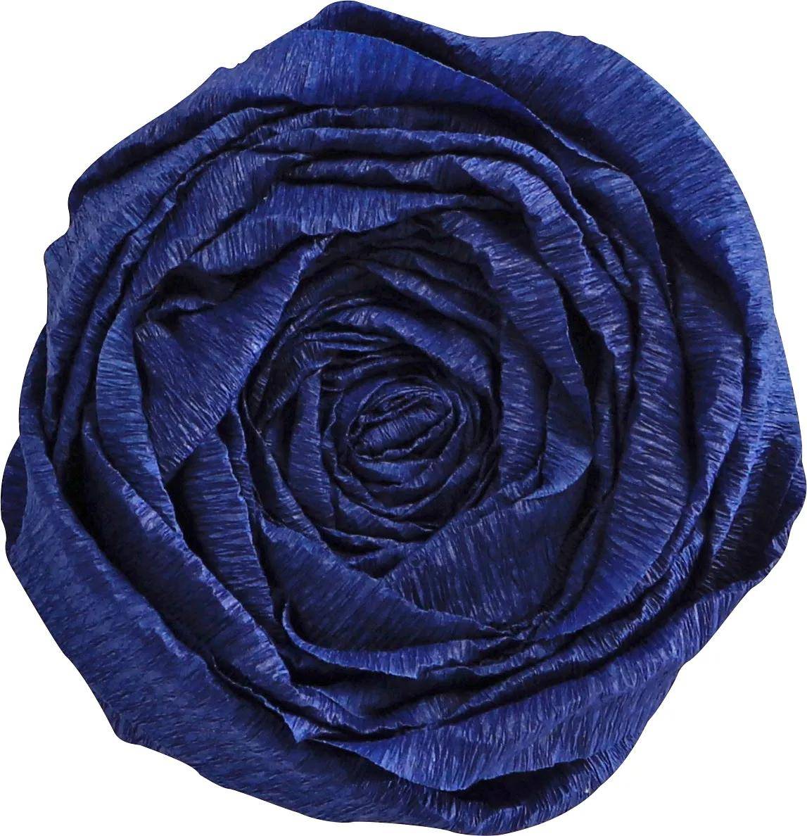Eine detaillierte blaue Rose aus strukturiertem Papier, die mehrere Schichten von Blütenblättern in einem kreisförmigen Muster zeigt.