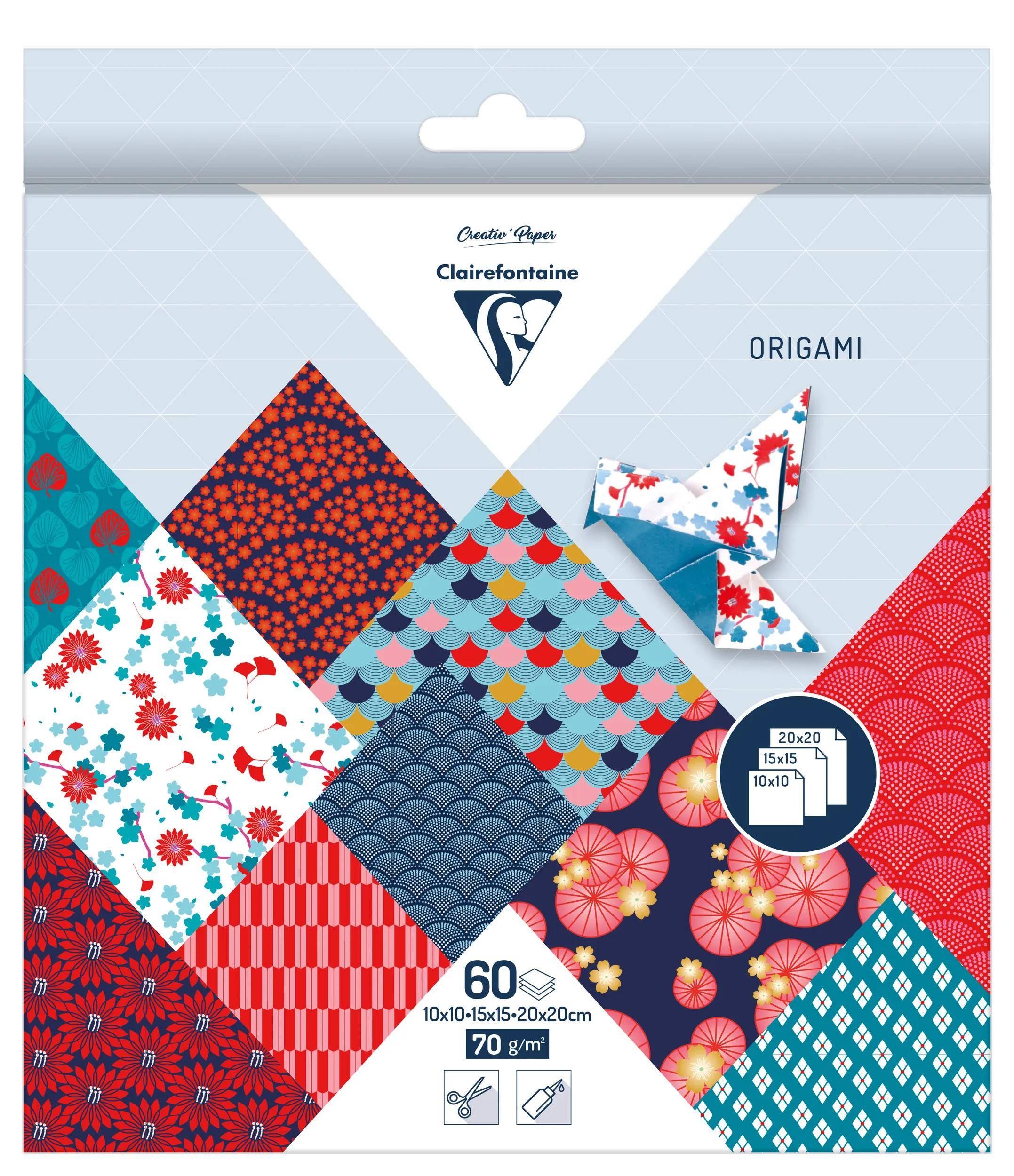 Paket mit Clairefontaine Origami-Papier mit assorted farbenfrohen gemusterten Blättern und einem kleinen gefalteten Papierkran; 60 Blatt, 70 g/m², 10x10 bis 20x20 cm.
