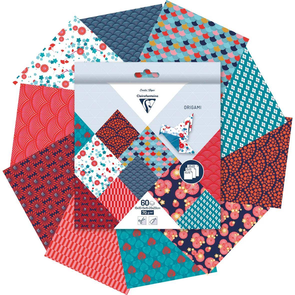Packung gemusterter Origami-Papierblätter in sortierten Farben und Drucken, dargestellt als bunter Fächer um die mit „Origami