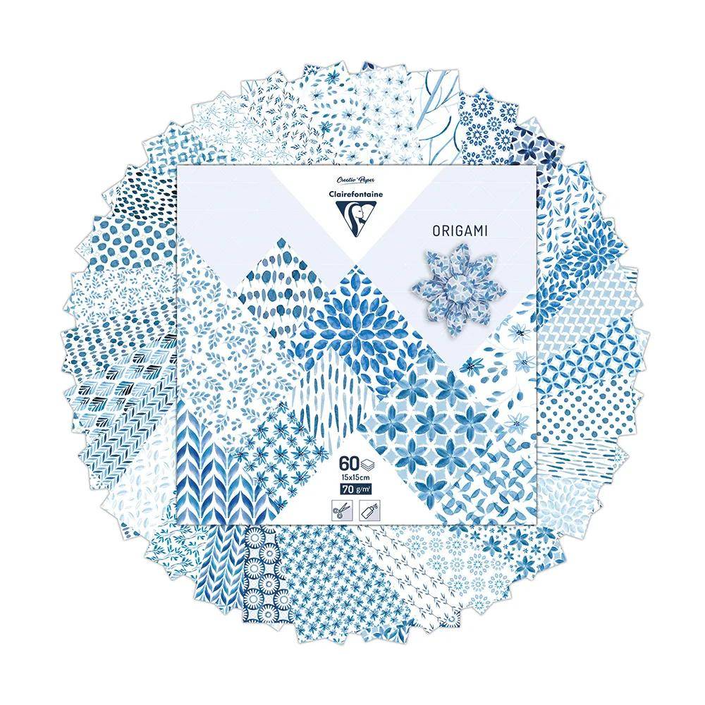 Packung mit 60 Origami-Papierblättern in blauen geometrischen und floralen Mustern, beschriftet mit „ORIGAMI