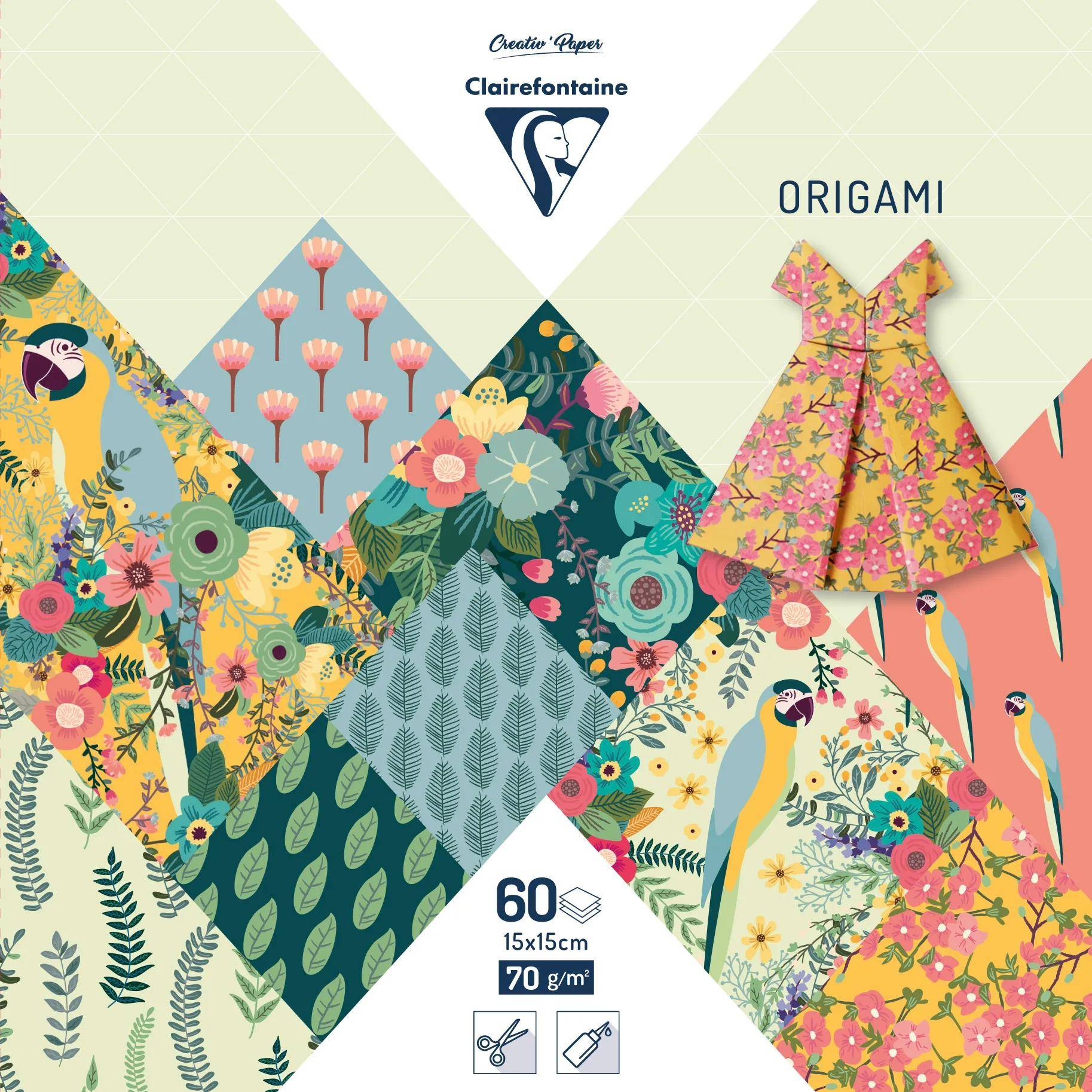 Werbepackung Origami-Papier mit bunten Blumenpapierdesigns, Titel „Origami