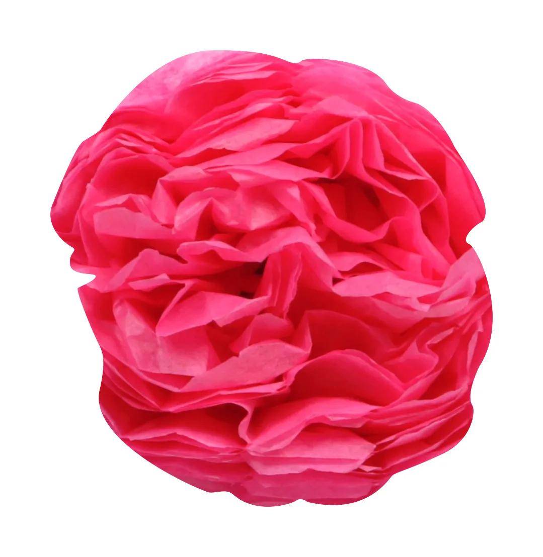 Rosa glänzendes Seidenpapier-Pompom oder dekorative Papierblume auf weißem Hintergrund.