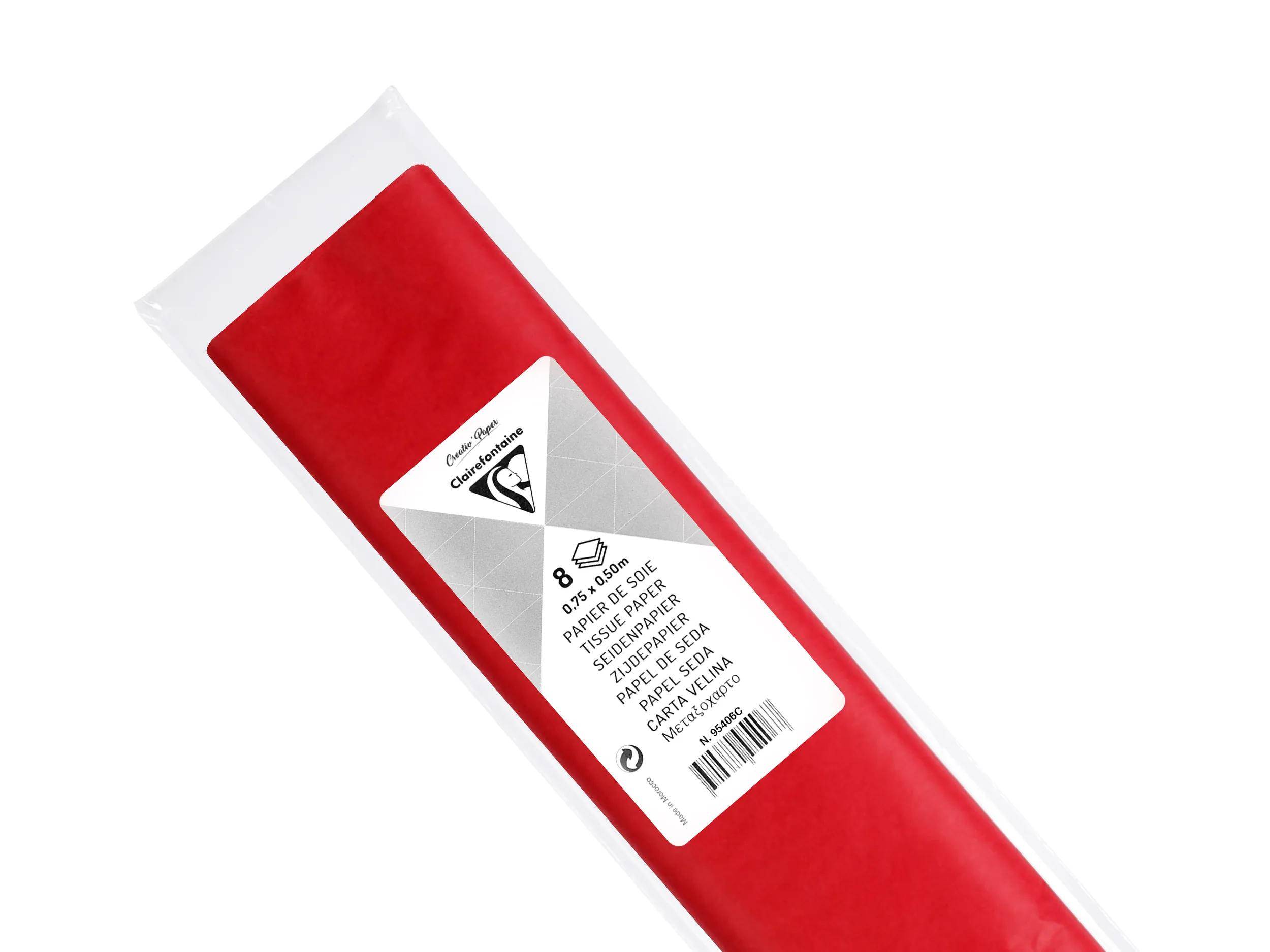 Rote Stoffgeschenktasche in transparenter Kunststoffverpackung mit Produktetikett und Barcode.