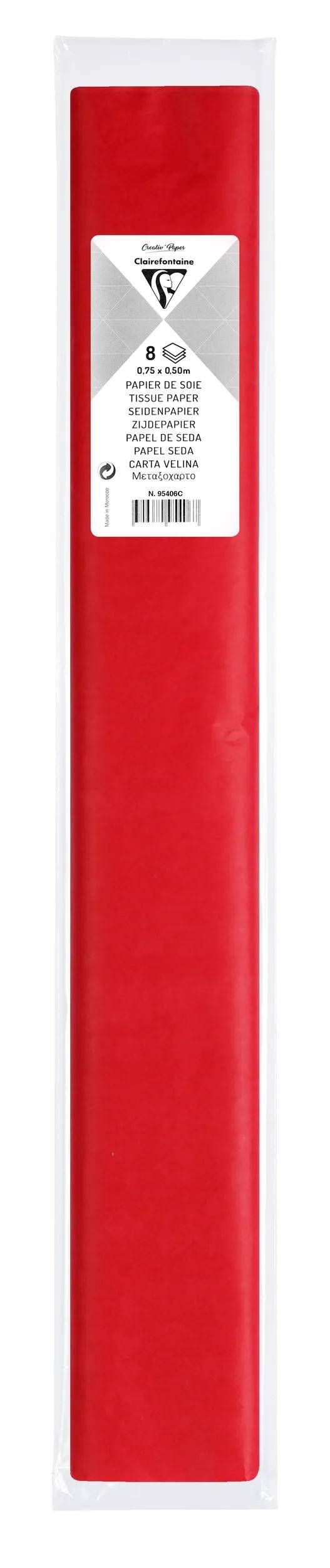 Rotes rechteckiges Produktpaket in transparenter Kunststoffverpackung mit weißem Etikett, das ein kleines Logo und Produktdetails zeigt.