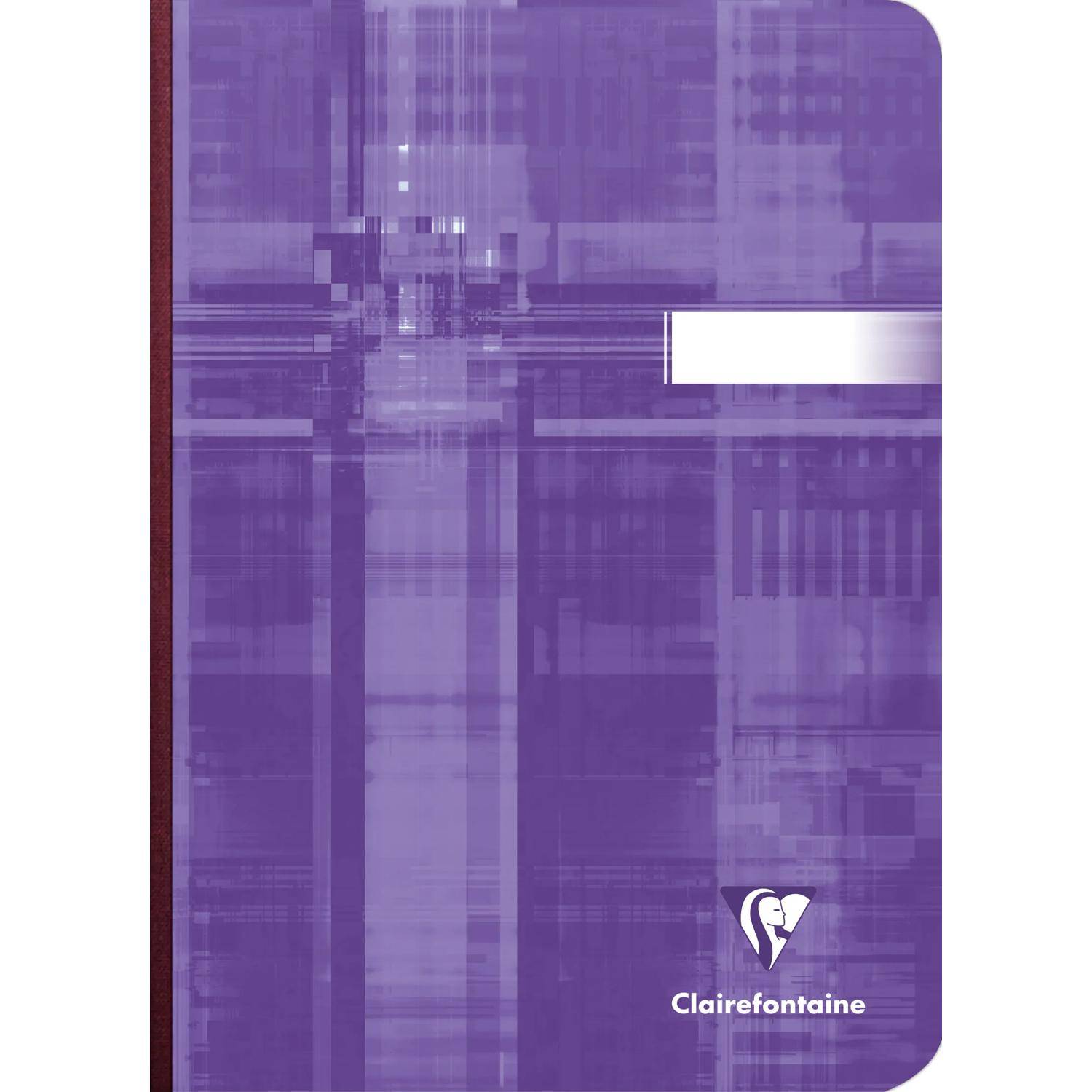 Violettes Clairefontaine-Notizbuch-Cover mit abstraktem Gittermuster und weißem Logo in der Nähe der unteren rechten Ecke.