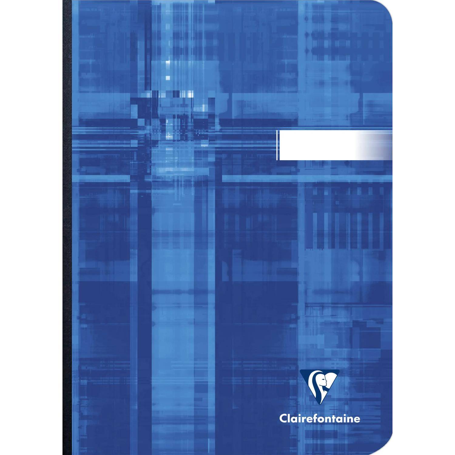Blaues Clairefontaine-Notizbuchcover mit abstraktem geometrischem Muster und Logo in der Nähe des unteren Randes.