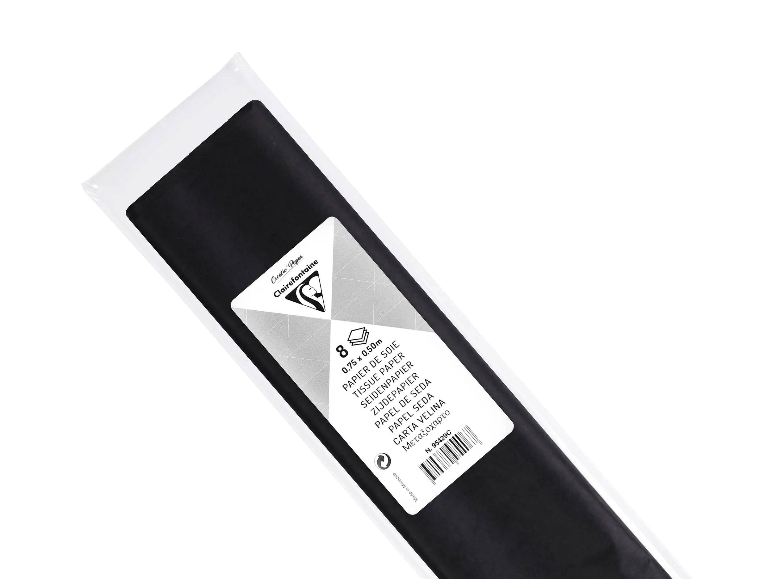 Schwarze rechteckige Geschenkpapier-Seidenpapier-Packung mit weißem Etikett, das 8 Blatt und Produktdetails anzeigt.