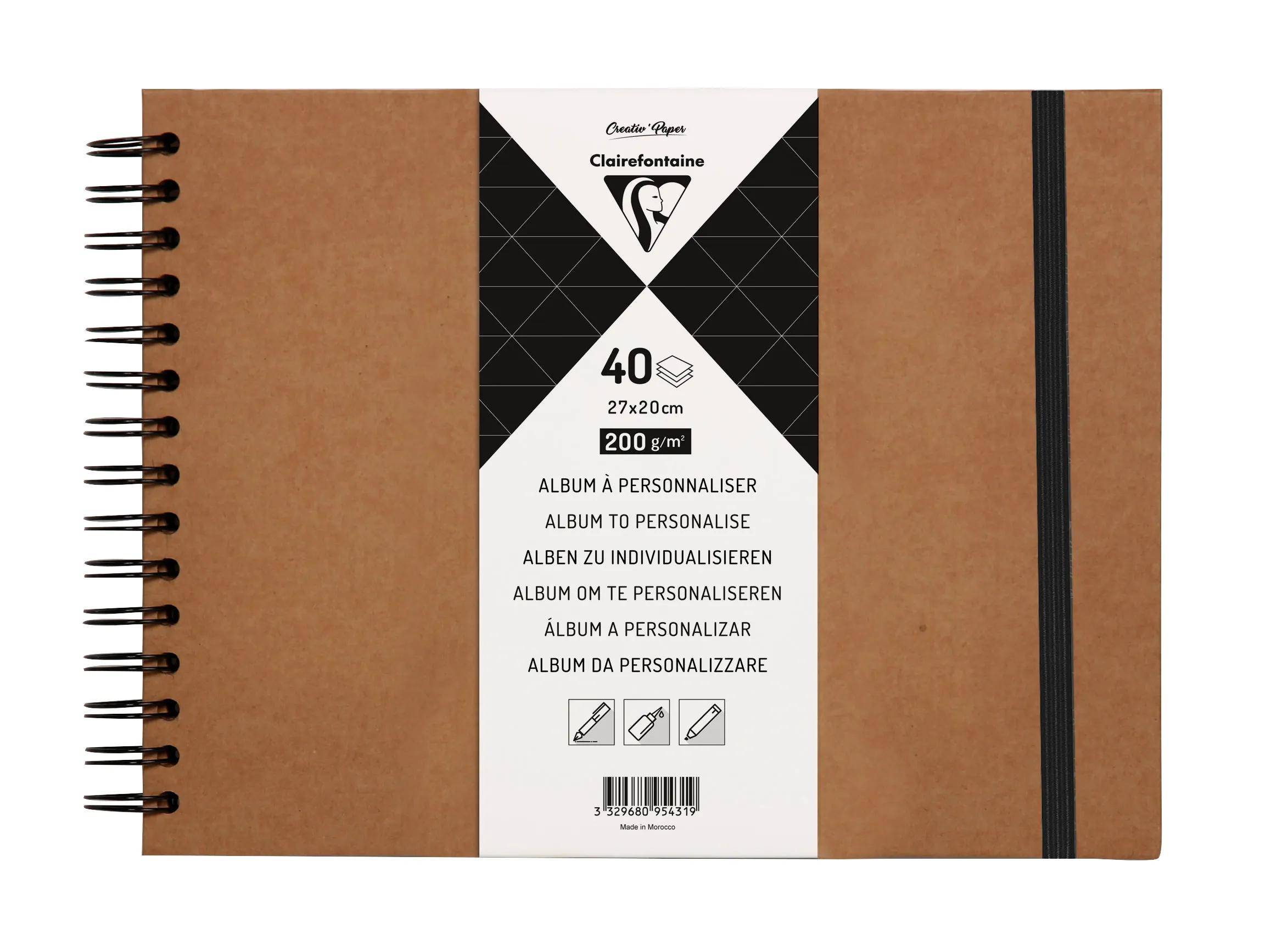 Braunes Spiralbindungs-Personalisierungsalbum-Notizbuch mit schwarzem Gummiband, gekennzeichnet mit Clairefontaine, 40 Blätter, 27x20 cm, 200 g/m2.