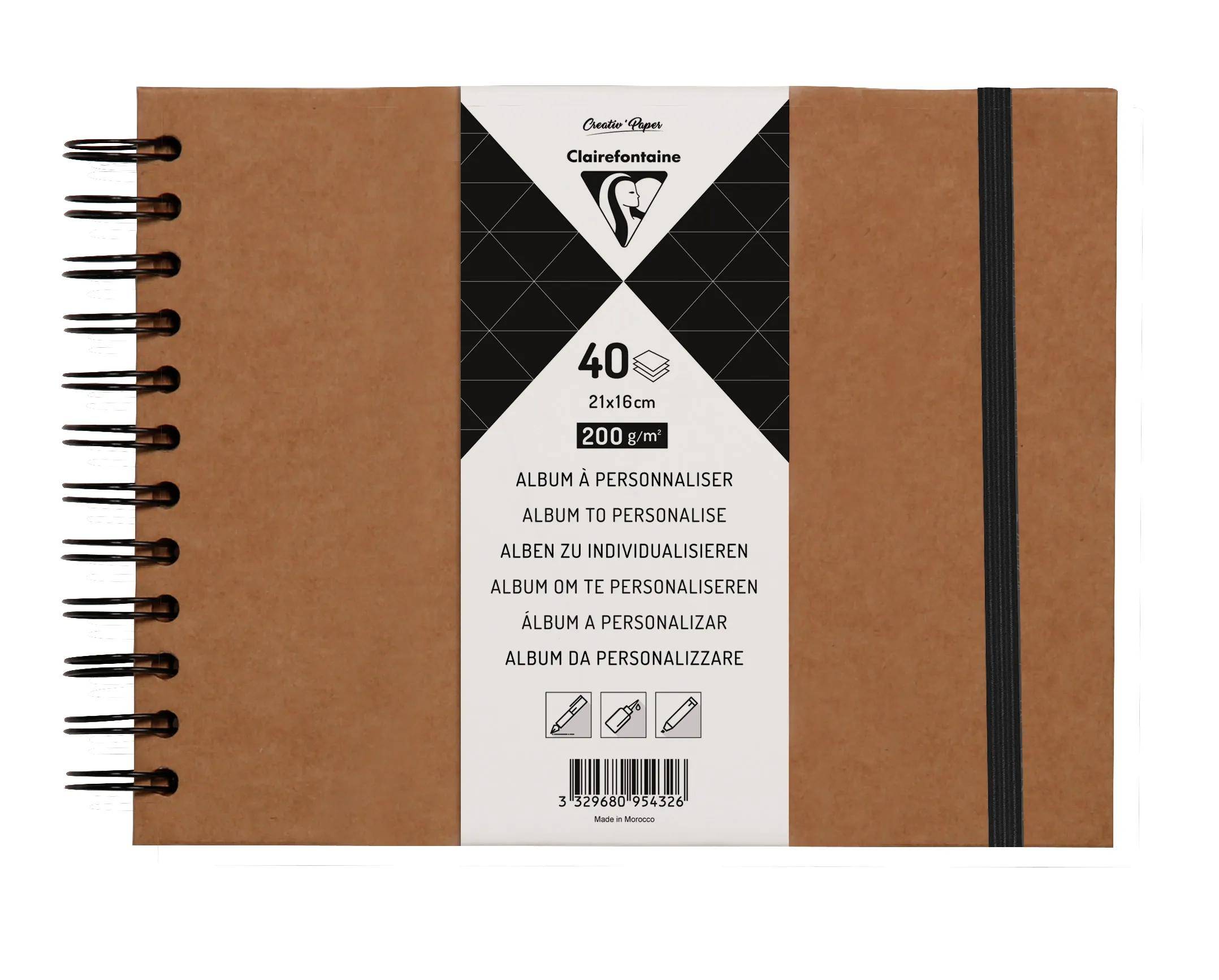 Braunes Spiralbindungs-Clairefontaine-Album mit Personalisierungsoption, schwarzem Gummiband, gekennzeichnet mit 40 Blättern, 21x16 cm, 200 g/m².