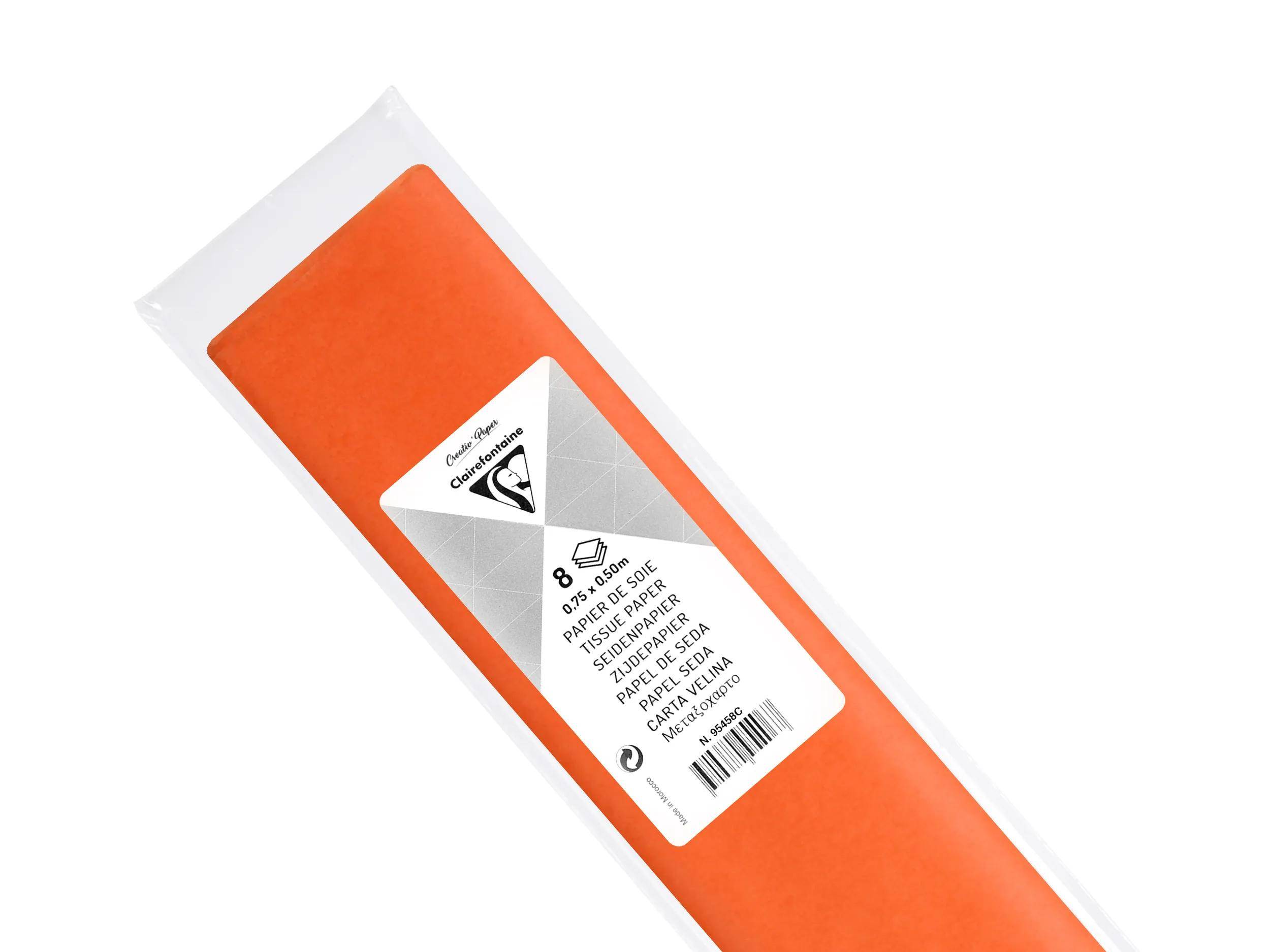 Packung mit orangefarbenem Kartonpapier in durchsichtiger Kunststoffverpackung mit weißem Etikett, auf dem Papiertypen und Formate aufgelistet sind.