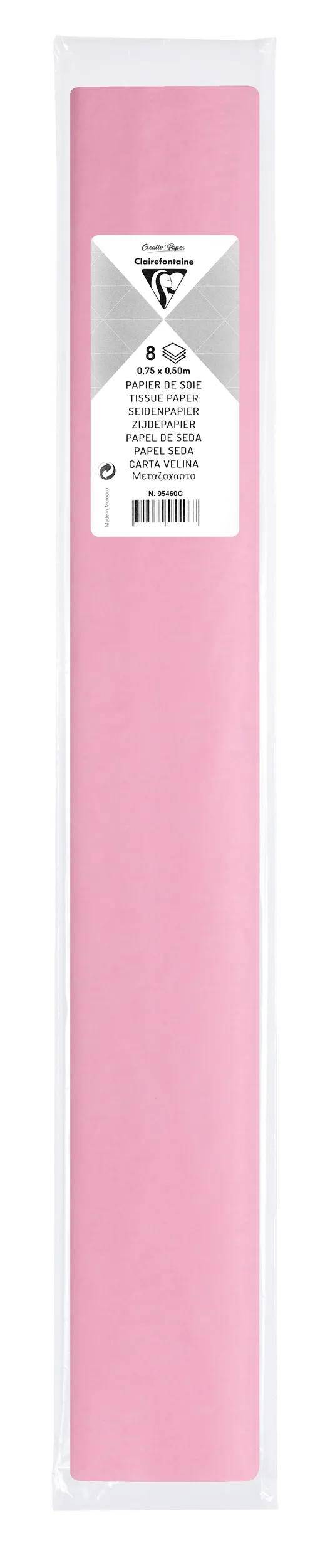 Ein langes rosa Stofftuch in durchsichtiger Kunststoffverpackung versiegelt mit weißem Produktetikett und Strichcode.