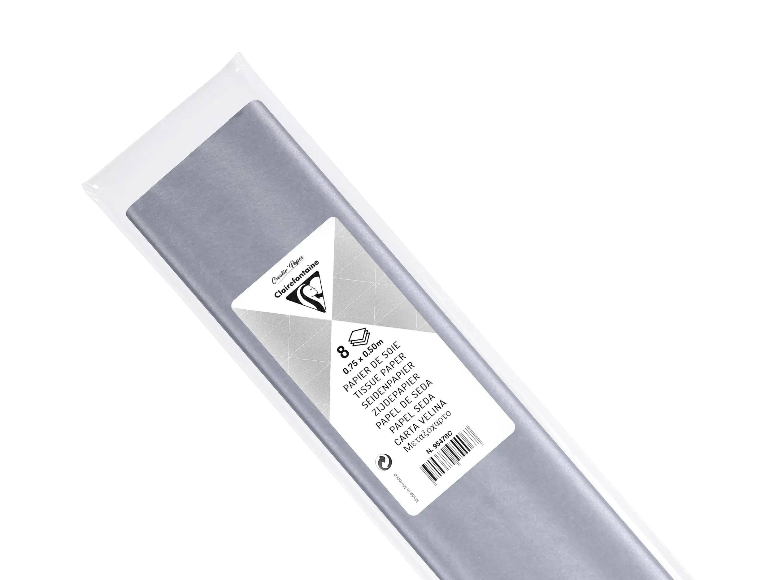 Graues Seidenpapier im Pack in durchsichtiger Kunststoffverpackung mit weißem Etikett mit Produktdetails und einem Barcode.