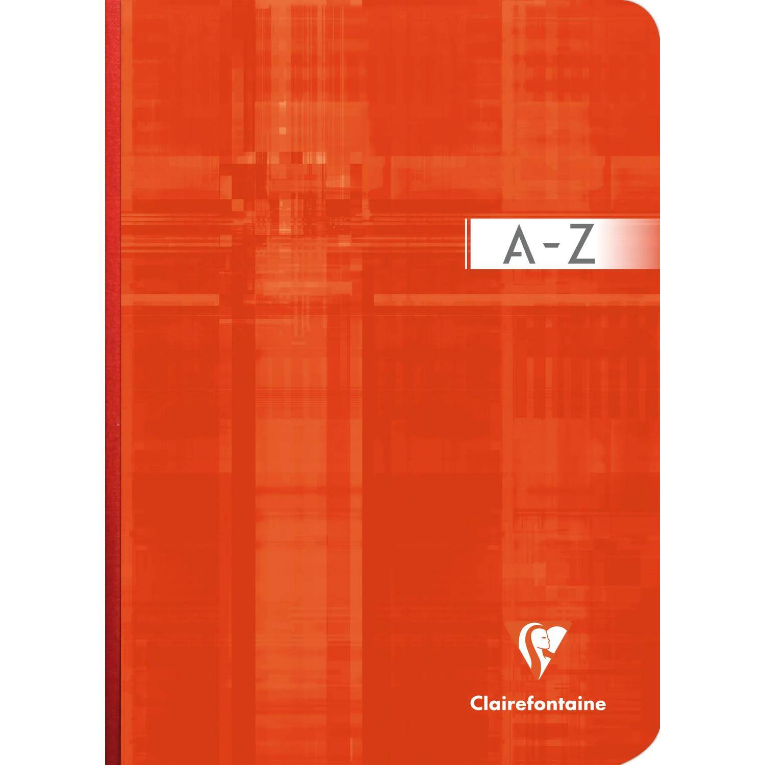 Orange Clairefontaine A-Z Notizbuchcover mit weißem Etikett und Unternehmenslogo am unteren Ende.