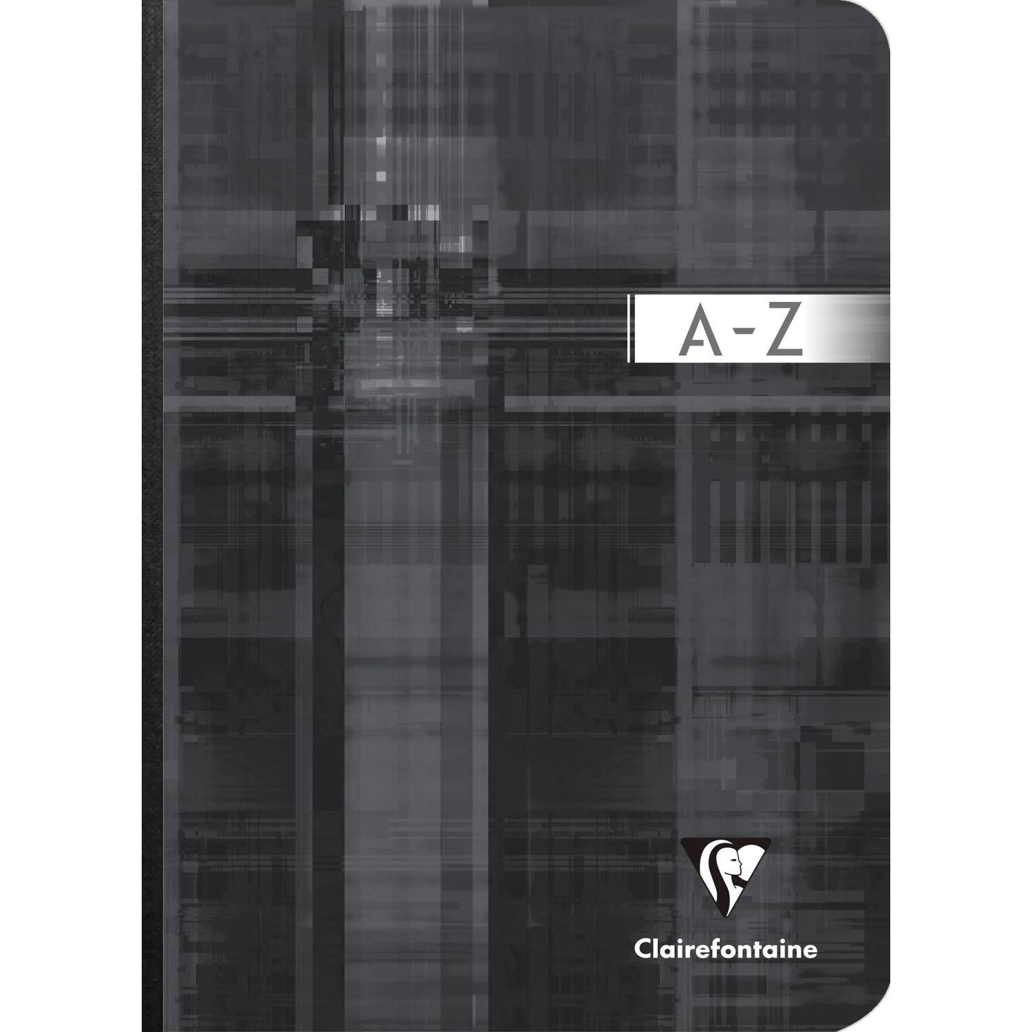 Abstrakter dunkelgrauer Notizbucheinband mit einem weißen „A-Z"-Etikett und Clairefontaine-Logo in der Nähe des unteren Randes.