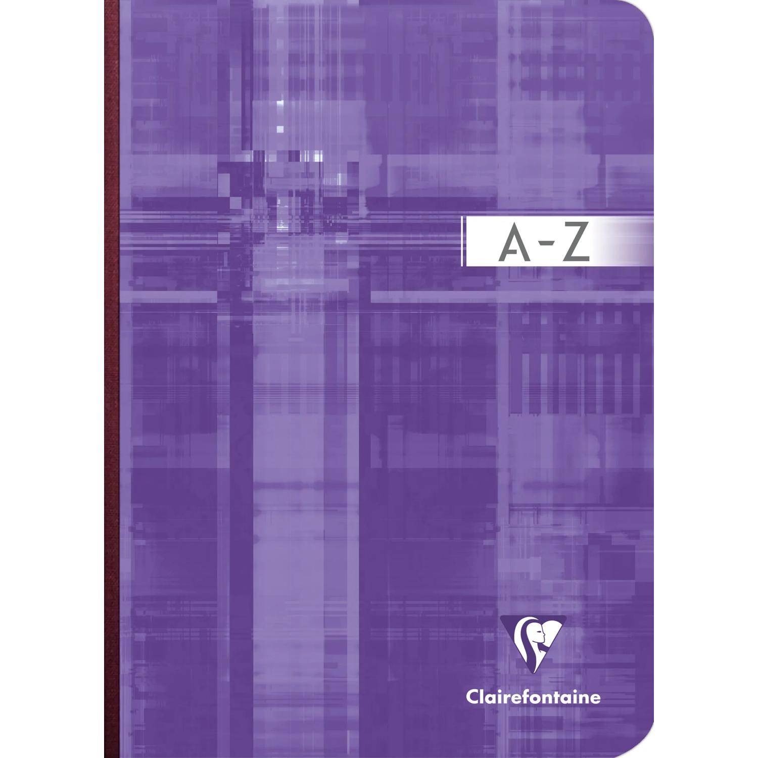Lila Clairefontaine A-Z Notizbuchcover mit abstraktem Rastermuster und weißem A-Z-Etikett oben rechts.