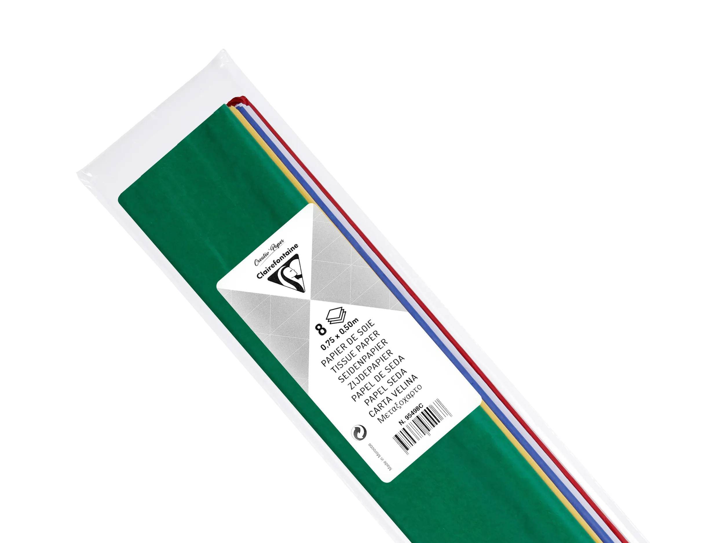 Packung mit sortierten farbigen Cardstock-Papierblättern in einer durchsichtigen Hülle, mit einem grünen Vorderblatt und gestapelten mehrfarbigen Kanten.